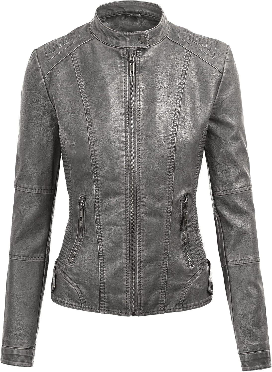 imageMade By Johnny Faux Leather Jacket Women Motorcycle Coat for Biker with Removable HoodWjc1044grey