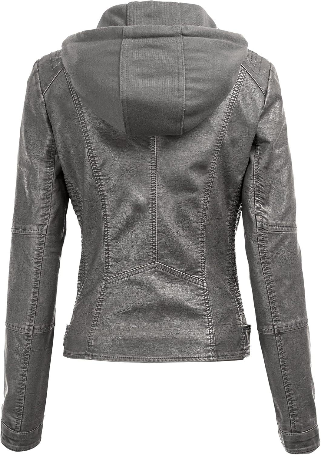 imageMade By Johnny Faux Leather Jacket Women Motorcycle Coat for Biker with Removable HoodWjc1044grey