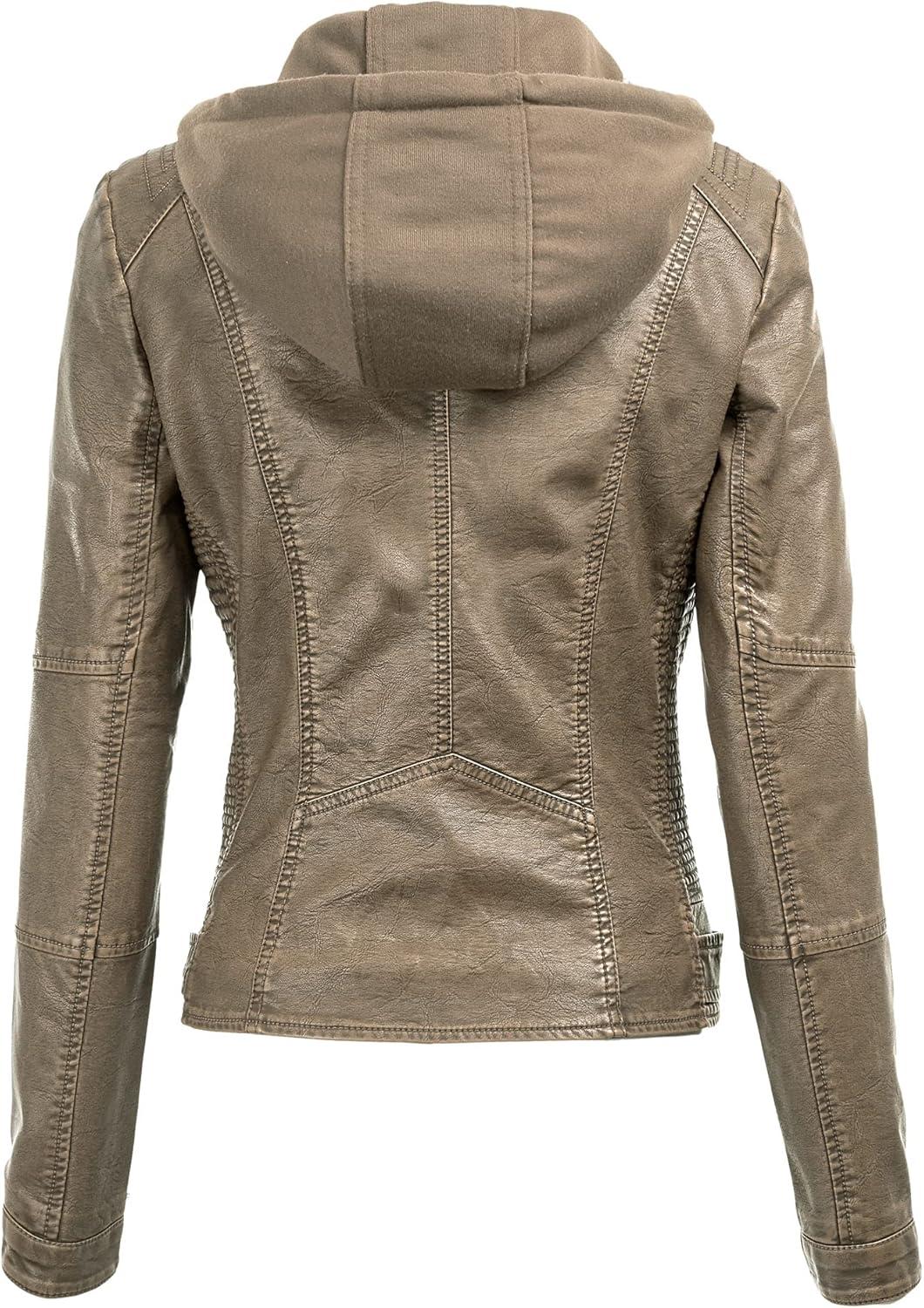 imageMade By Johnny Faux Leather Jacket Women Motorcycle Coat for Biker with Removable HoodWjc1044khaki