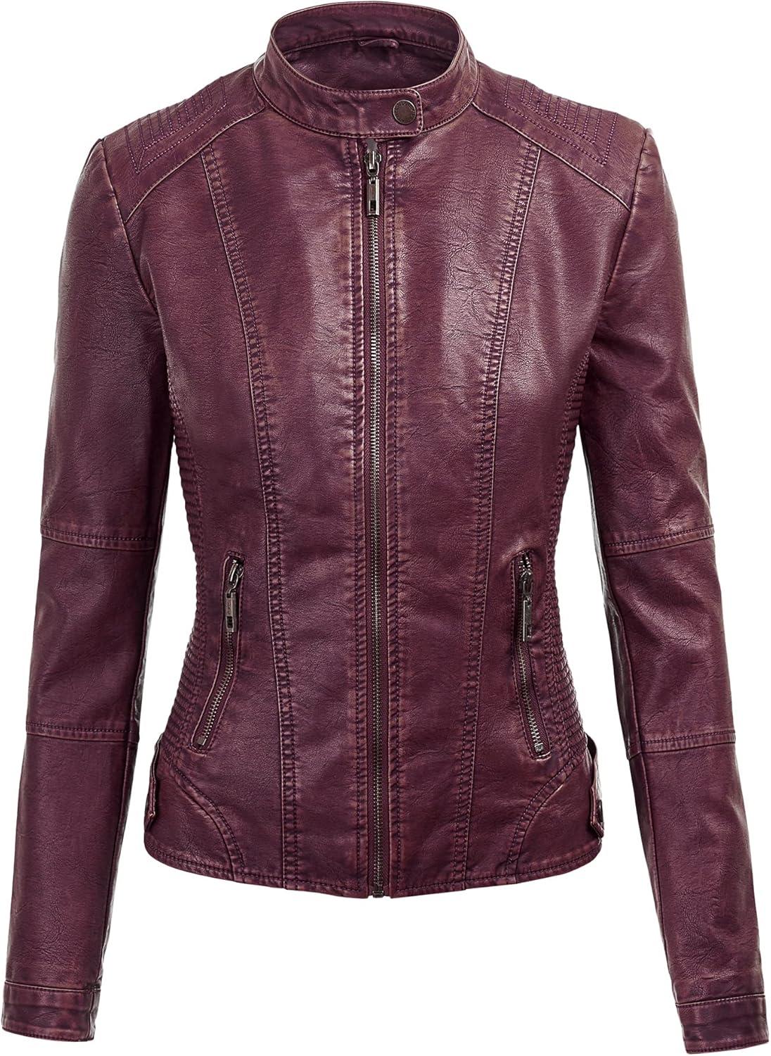 imageMade By Johnny Faux Leather Jacket Women Motorcycle Coat for Biker with Removable HoodWjc1044wine