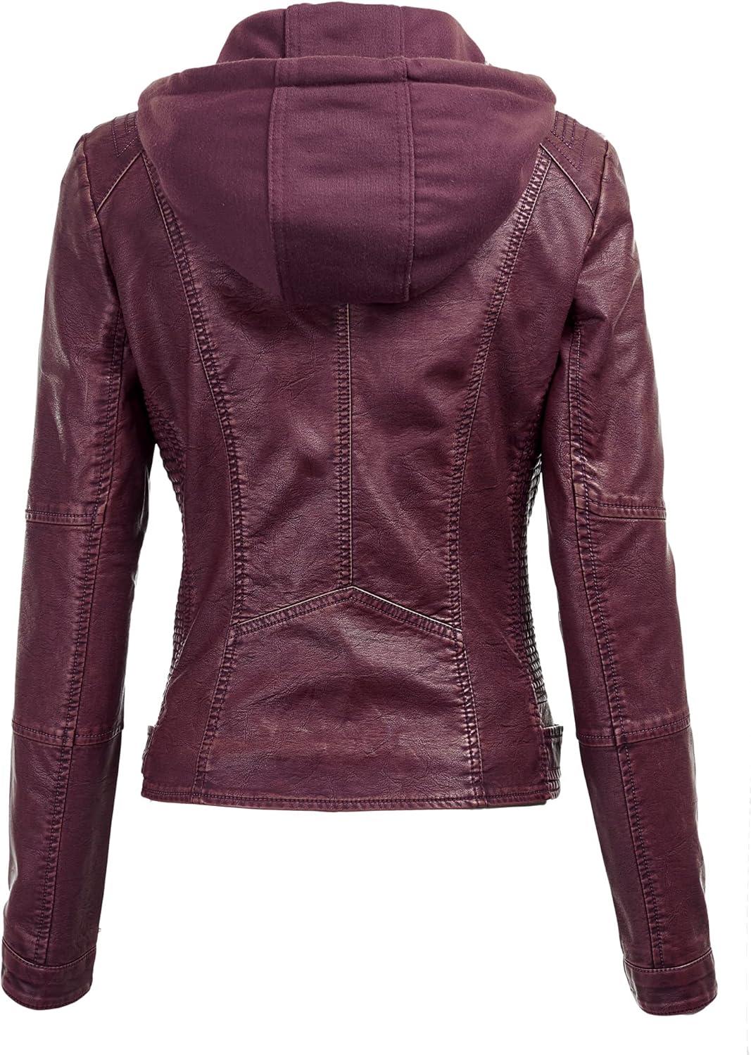 imageMade By Johnny Faux Leather Jacket Women Motorcycle Coat for Biker with Removable HoodWjc1044wine