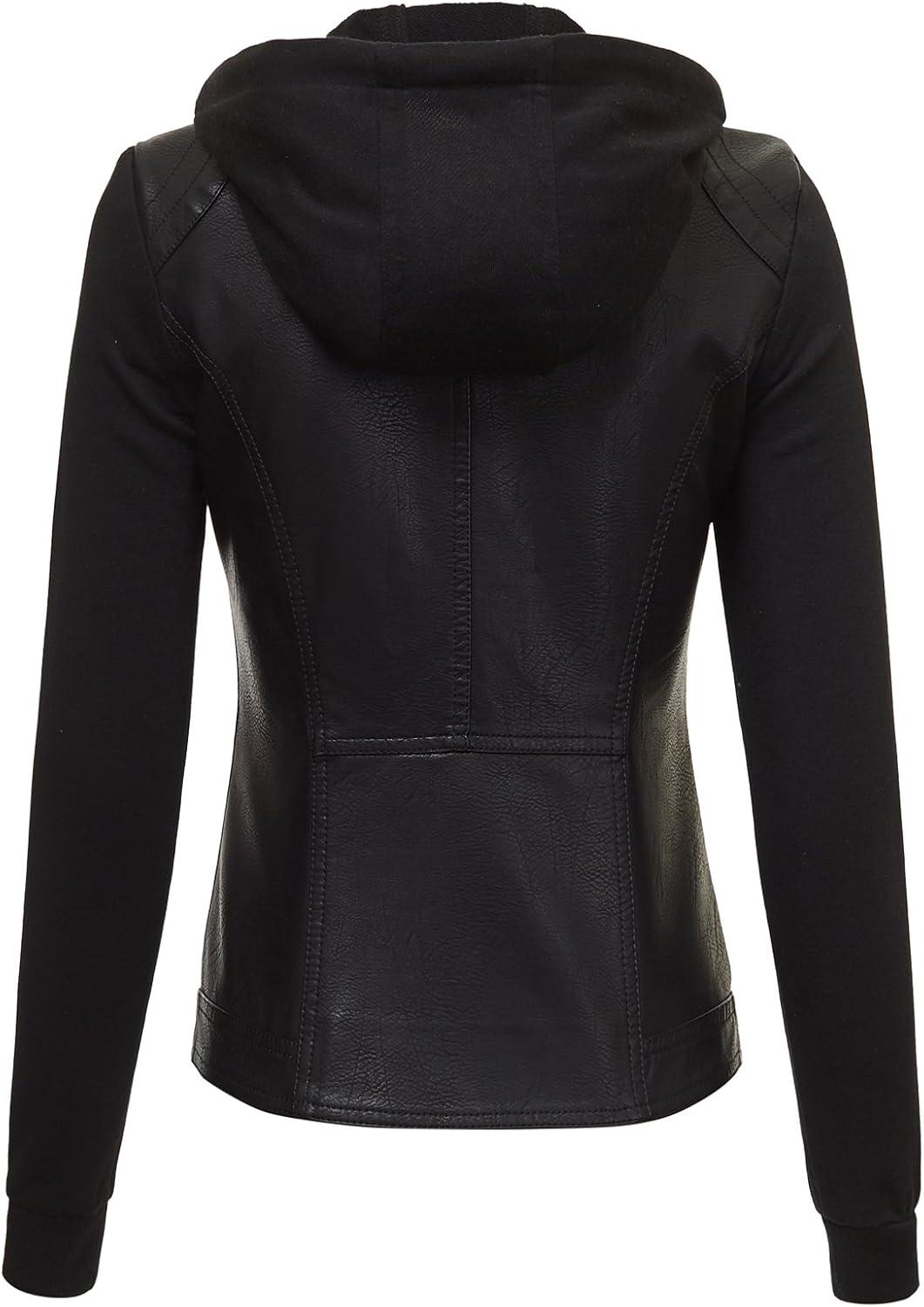 imageMade By Johnny Faux Leather Jacket Women Motorcycle Coat for Biker with Removable HoodWjc1347blackblack