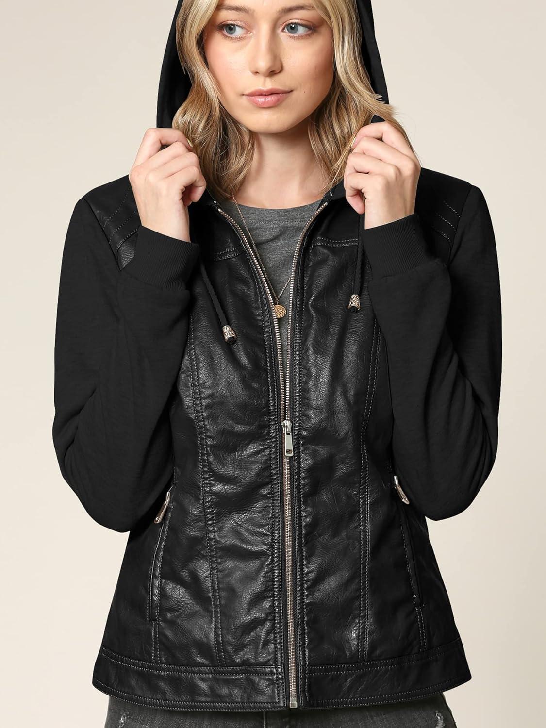 imageMade By Johnny Faux Leather Jacket Women Motorcycle Coat for Biker with Removable HoodWjc1347blackblack