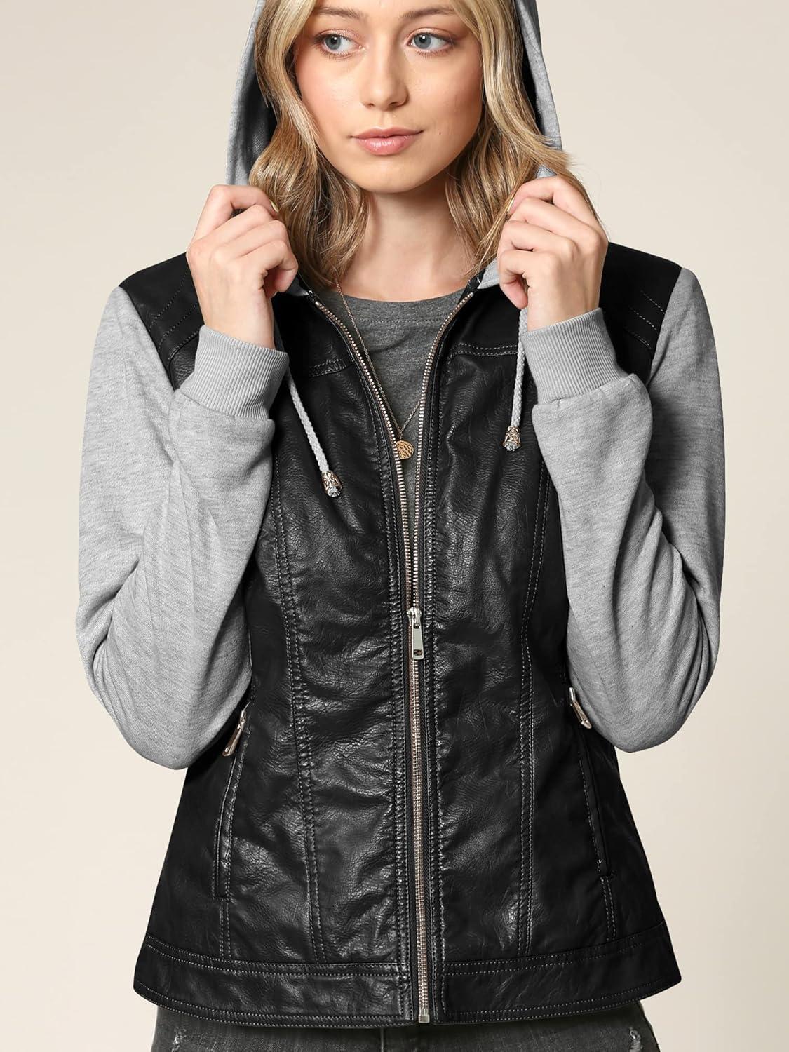 imageMade By Johnny Faux Leather Jacket Women Motorcycle Coat for Biker with Removable HoodWjc1347blackhgrey