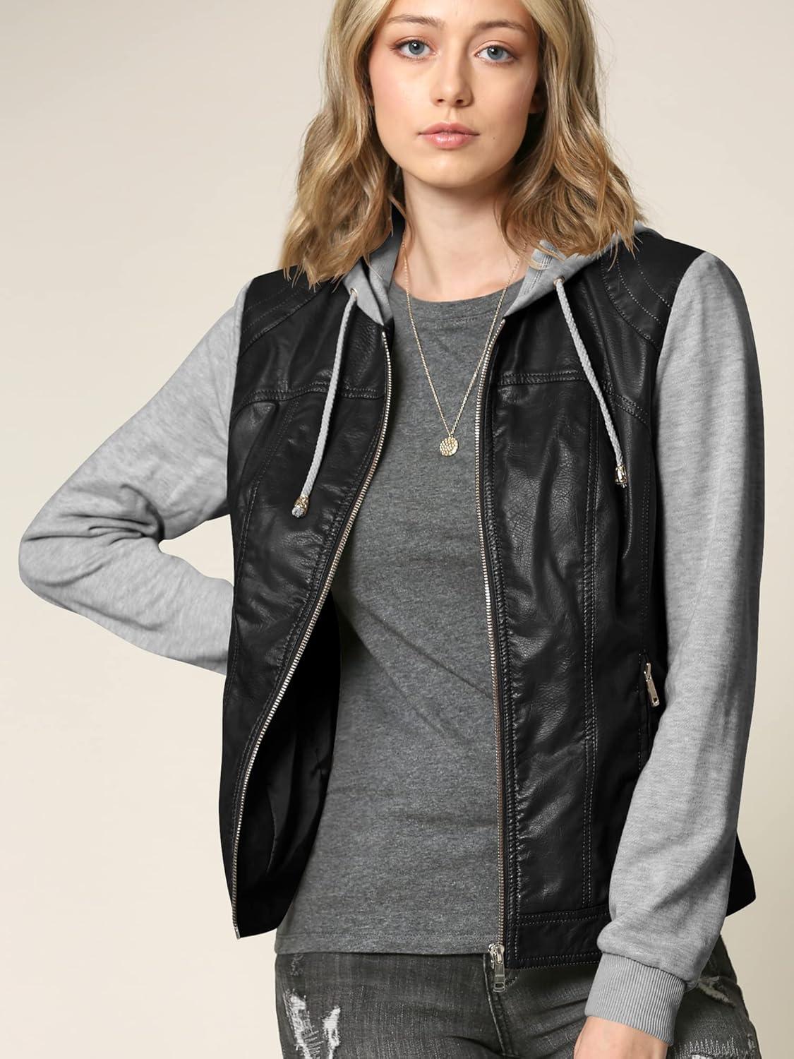 imageMade By Johnny Faux Leather Jacket Women Motorcycle Coat for Biker with Removable HoodWjc1347blackhgrey