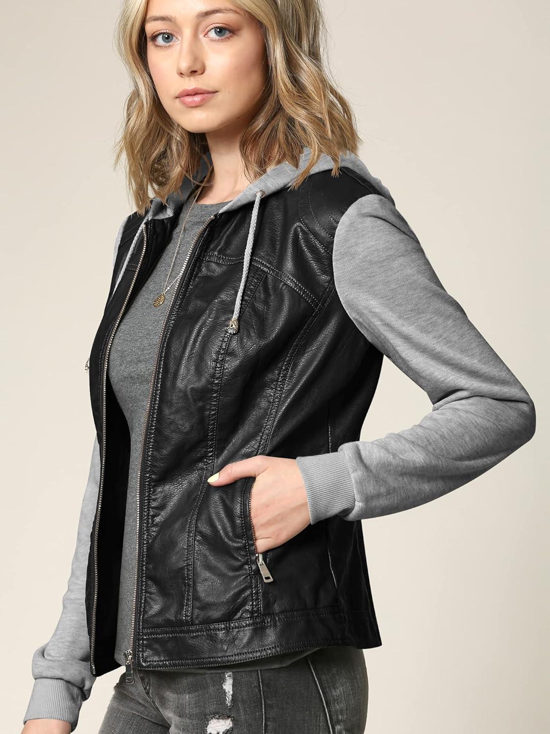 imageMade By Johnny Faux Leather Jacket Women Motorcycle Coat for Biker with Removable HoodWjc1347blackhgrey