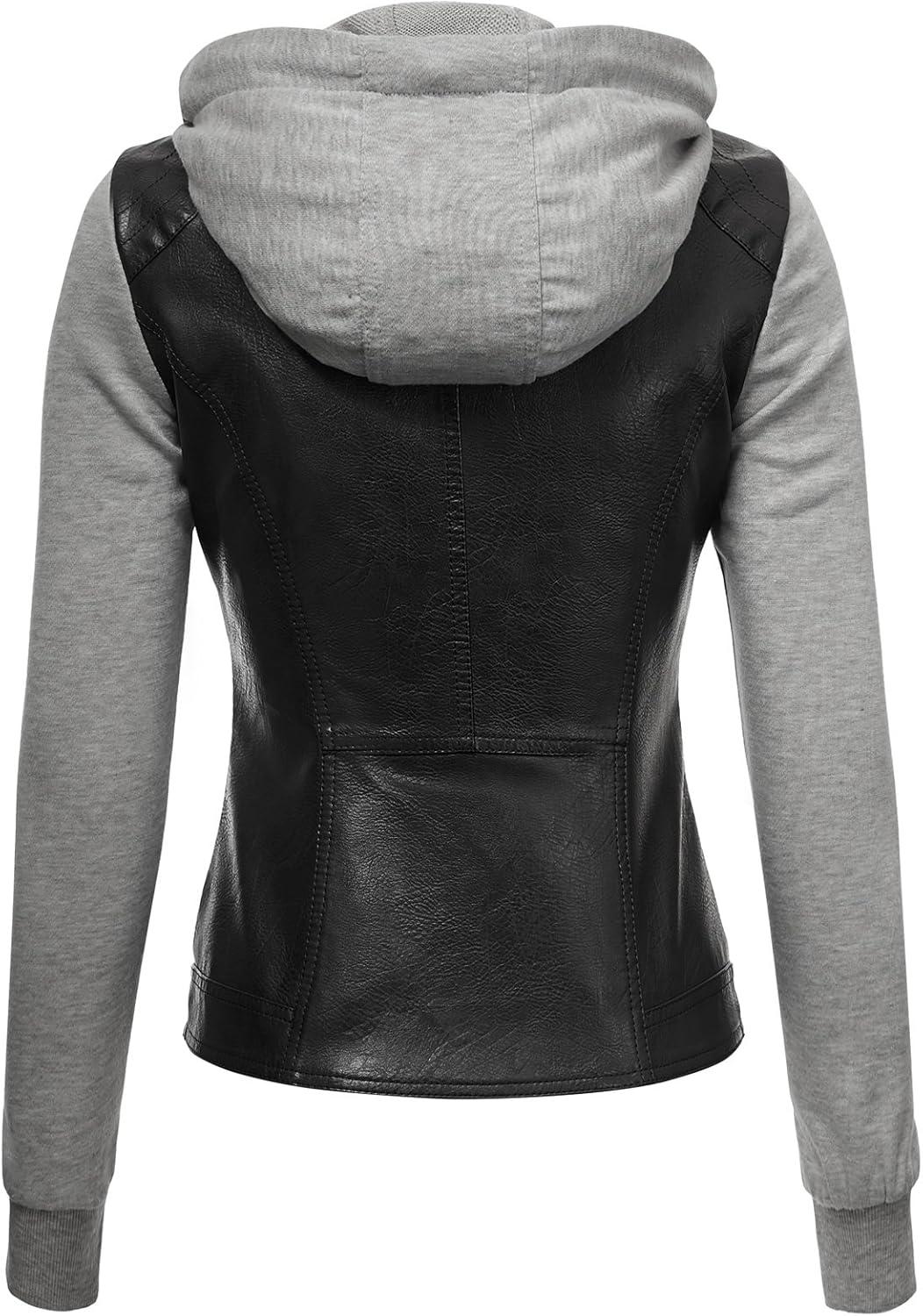 imageMade By Johnny Faux Leather Jacket Women Motorcycle Coat for Biker with Removable HoodWjc1347blackhgrey