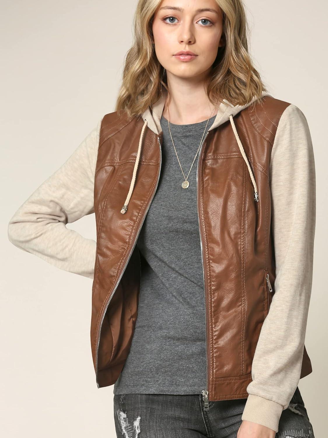 imageMade By Johnny Faux Leather Jacket Women Motorcycle Coat for Biker with Removable HoodWjc1347cameloatmeal