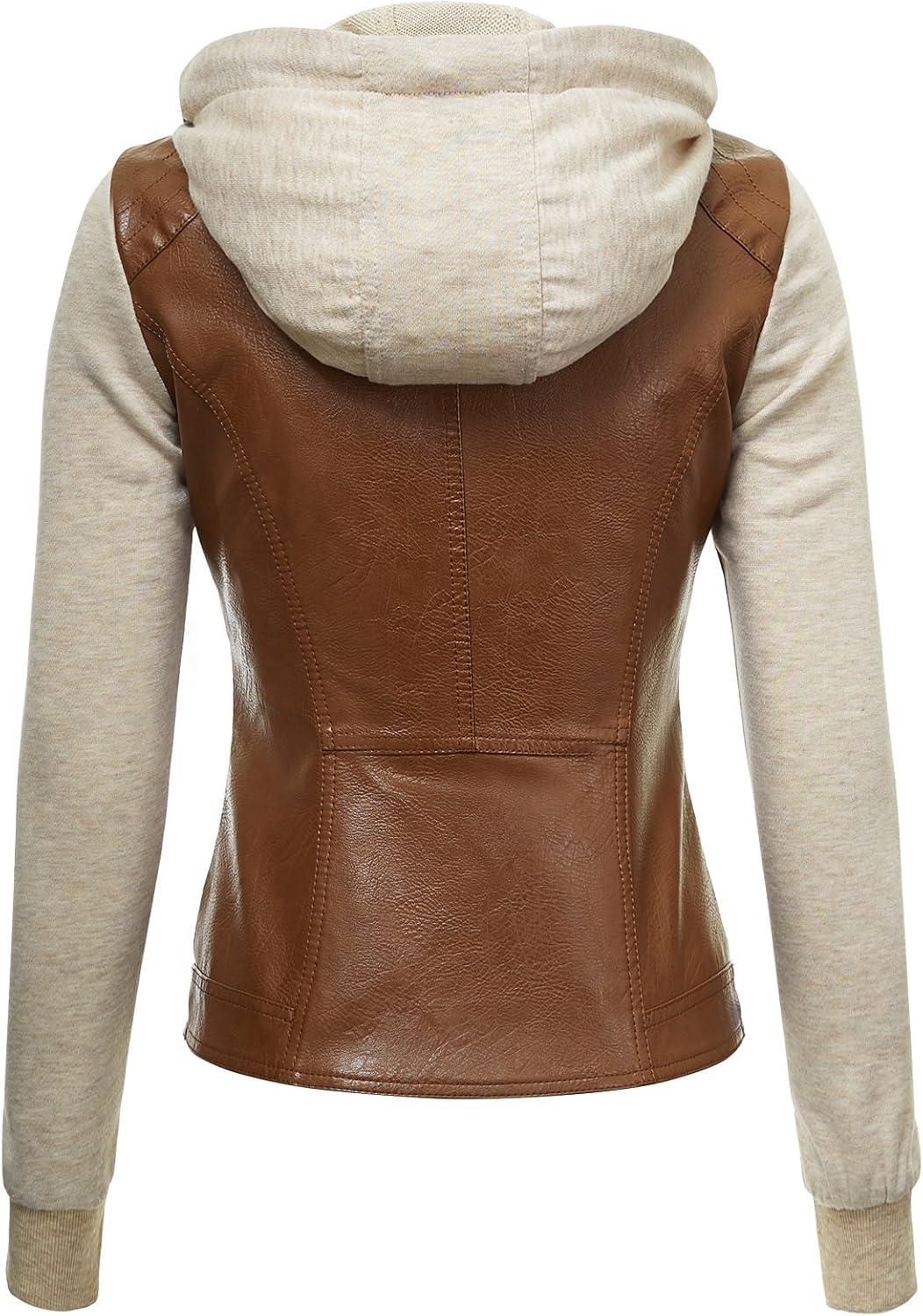 imageMade By Johnny Faux Leather Jacket Women Motorcycle Coat for Biker with Removable HoodWjc1347cameloatmeal