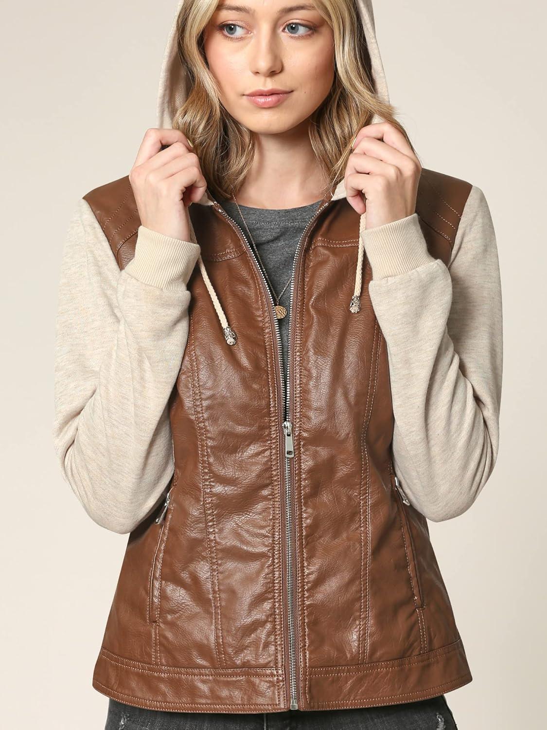 imageMade By Johnny Faux Leather Jacket Women Motorcycle Coat for Biker with Removable HoodWjc1347cameloatmeal