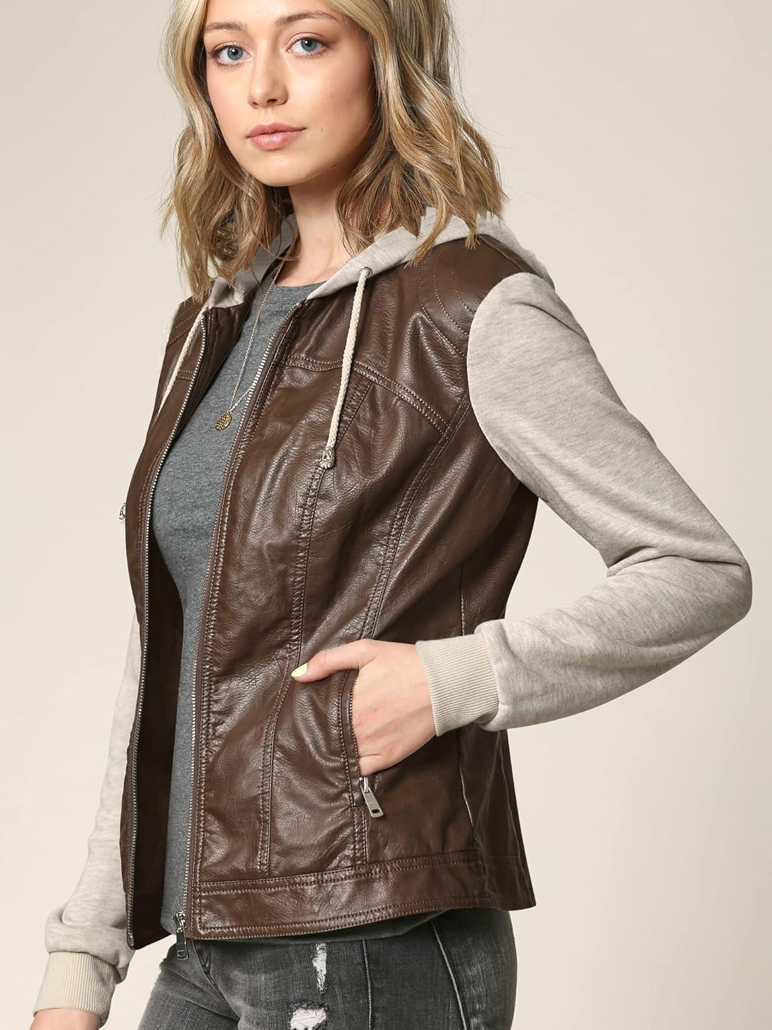 imageMade By Johnny Faux Leather Jacket Women Motorcycle Coat for Biker with Removable HoodWjc1347coffeeoatmeal