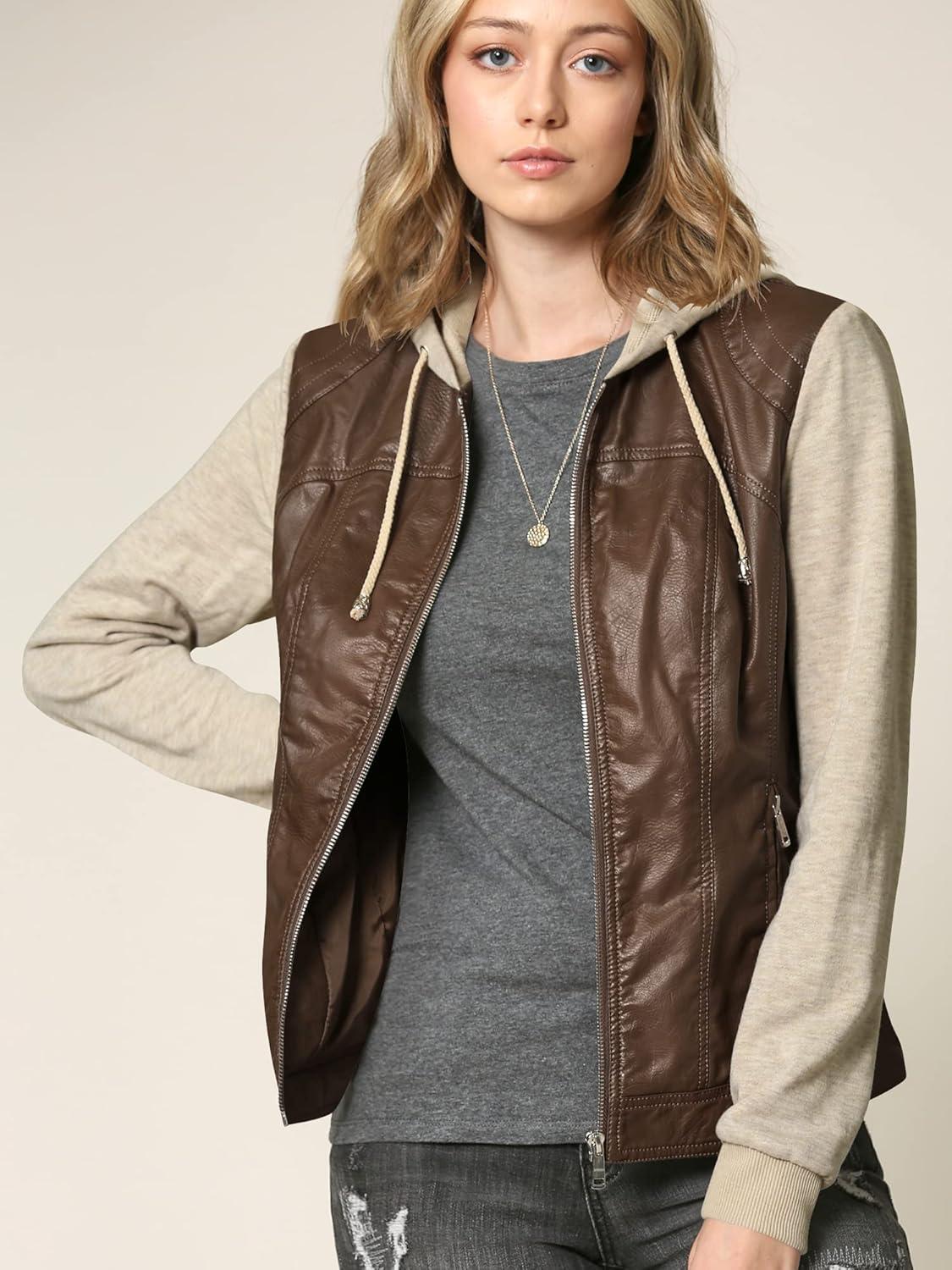 imageMade By Johnny Faux Leather Jacket Women Motorcycle Coat for Biker with Removable HoodWjc1347coffeeoatmeal