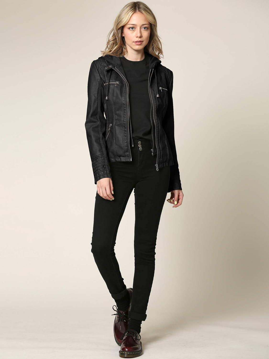 imageMade By Johnny Faux Leather Jacket Women Motorcycle Coat for Biker with Removable HoodWjc663black
