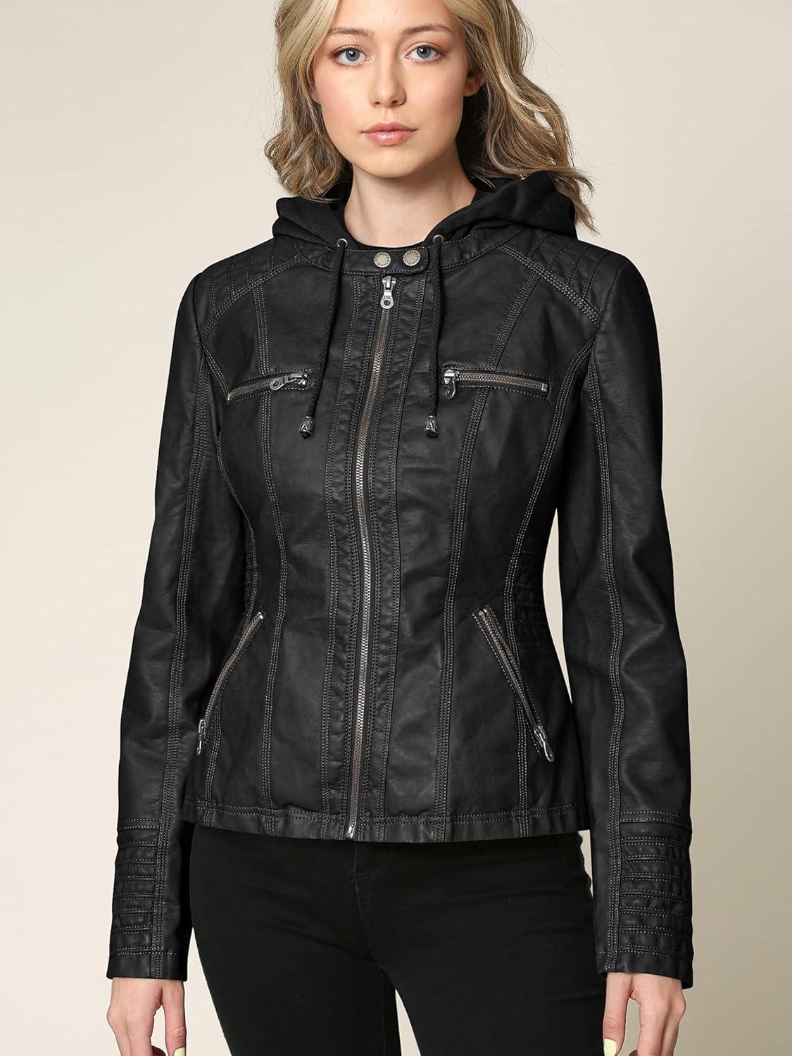 imageMade By Johnny Faux Leather Jacket Women Motorcycle Coat for Biker with Removable HoodWjc663black