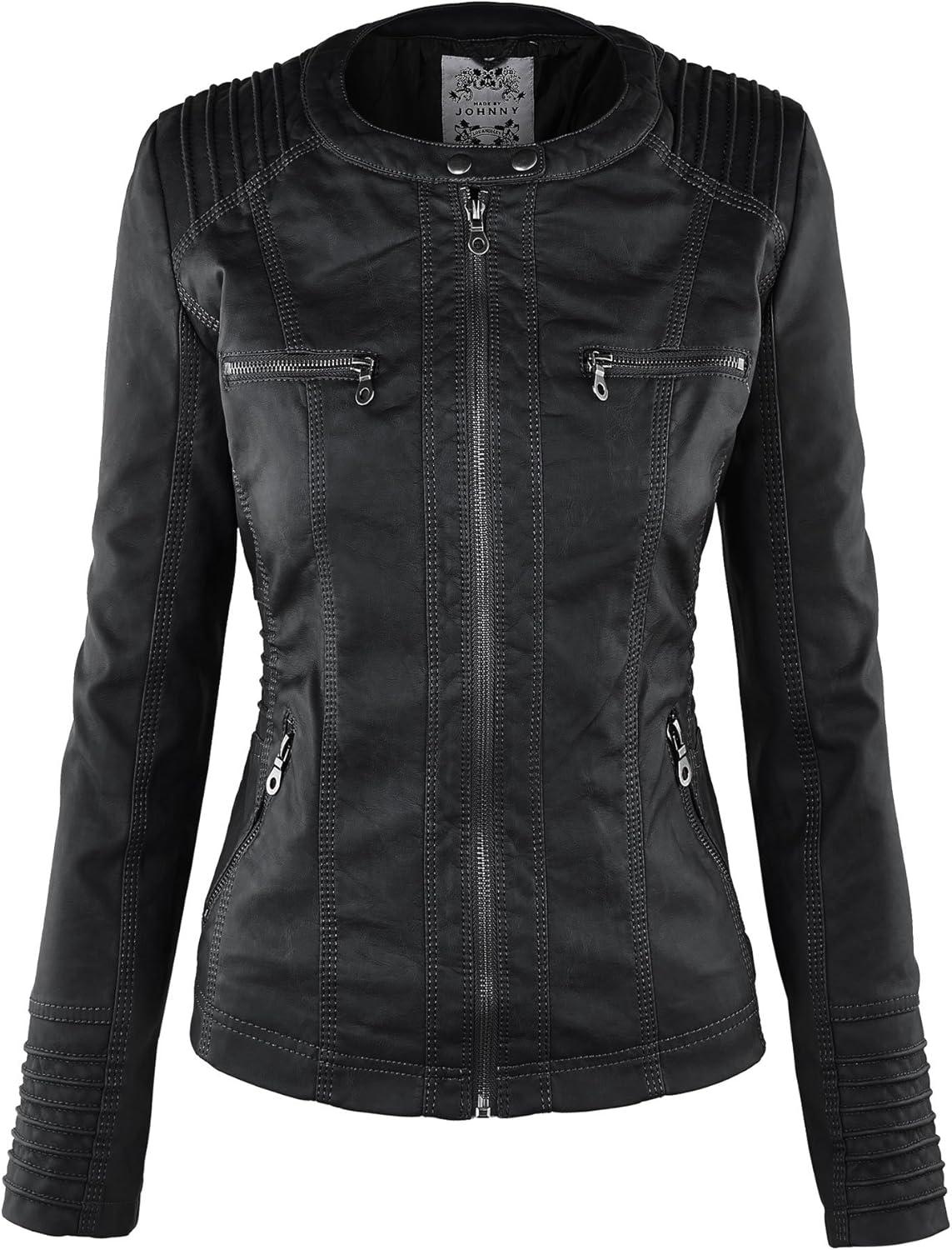 imageMade By Johnny Faux Leather Jacket Women Motorcycle Coat for Biker with Removable HoodWjc663black