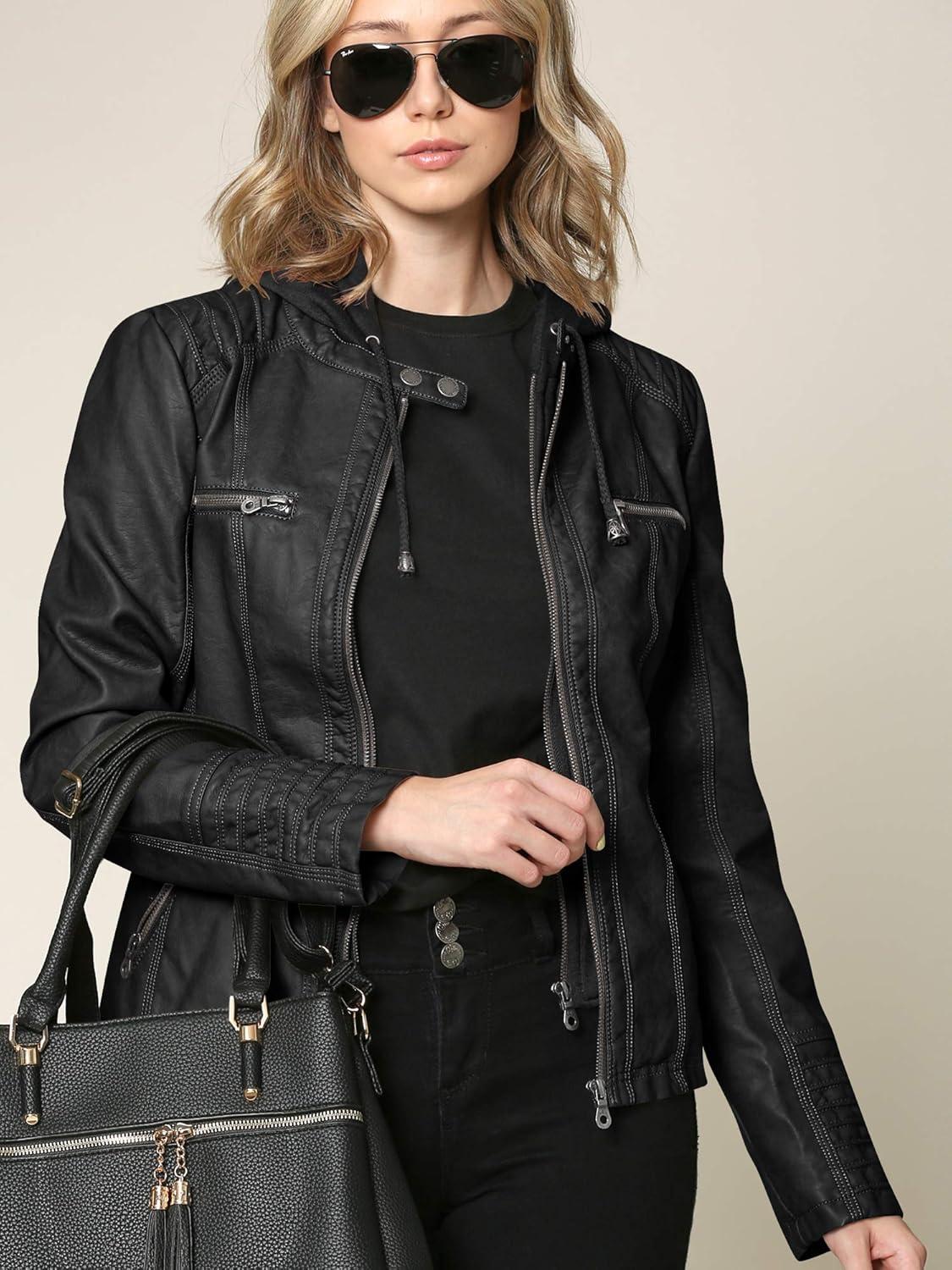 imageMade By Johnny Faux Leather Jacket Women Motorcycle Coat for Biker with Removable HoodWjc663black