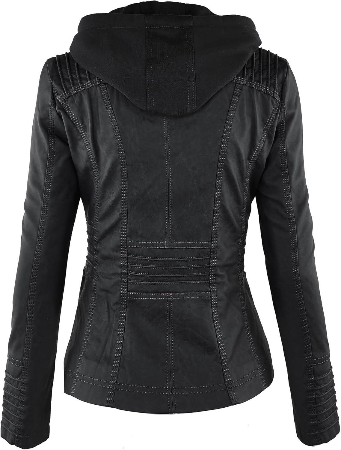 imageMade By Johnny Faux Leather Jacket Women Motorcycle Coat for Biker with Removable HoodWjc663black