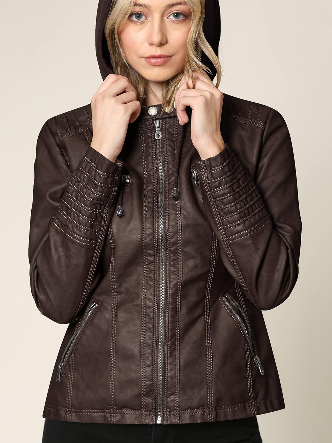 imageMade By Johnny Faux Leather Jacket Women Motorcycle Coat for Biker with Removable HoodWjc663coffeeAshbrown