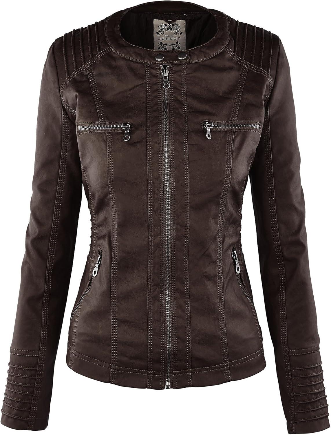 imageMade By Johnny Faux Leather Jacket Women Motorcycle Coat for Biker with Removable HoodWjc663coffeeAshbrown