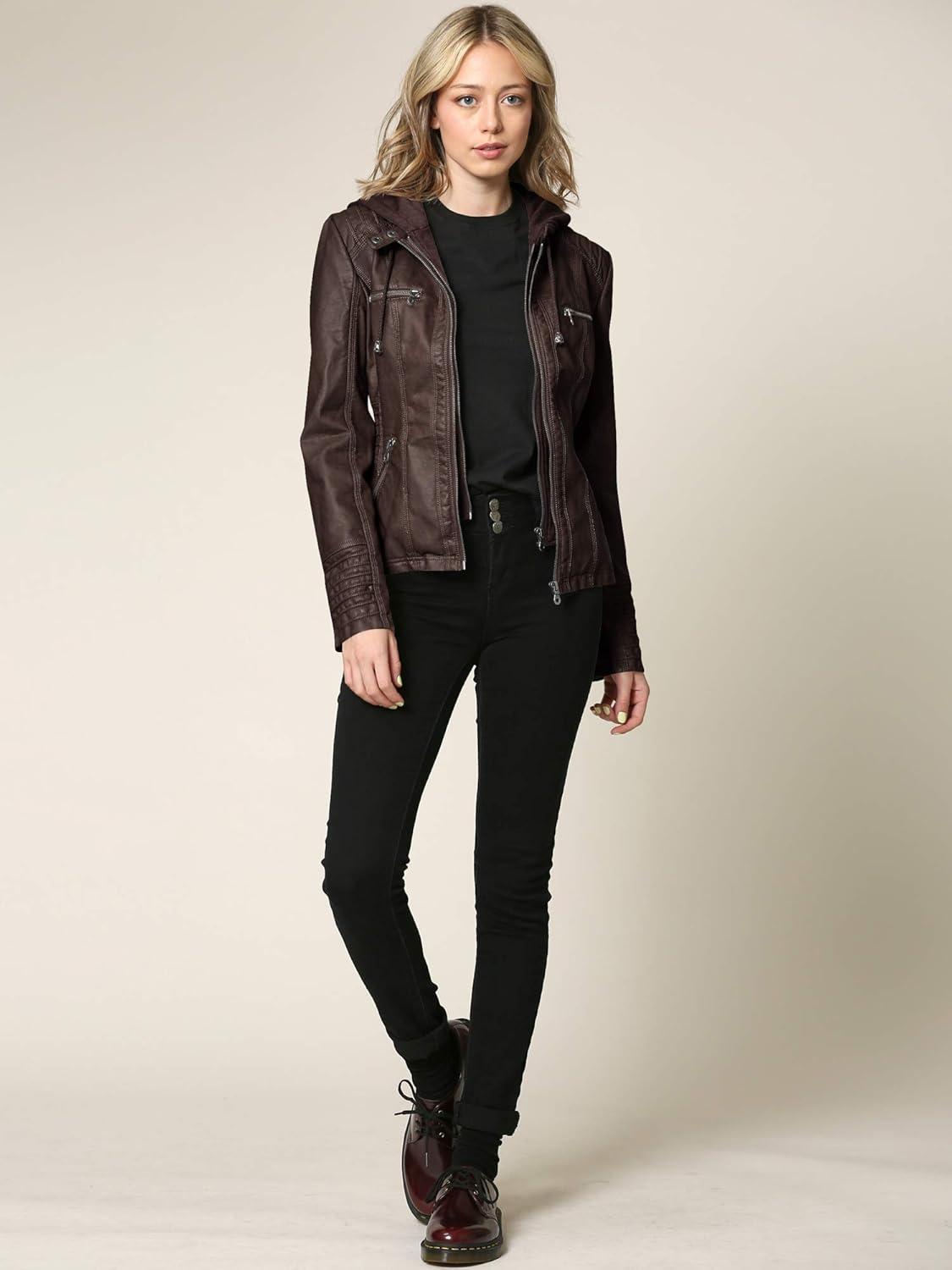 imageMade By Johnny Faux Leather Jacket Women Motorcycle Coat for Biker with Removable HoodWjc663coffeeAshbrown