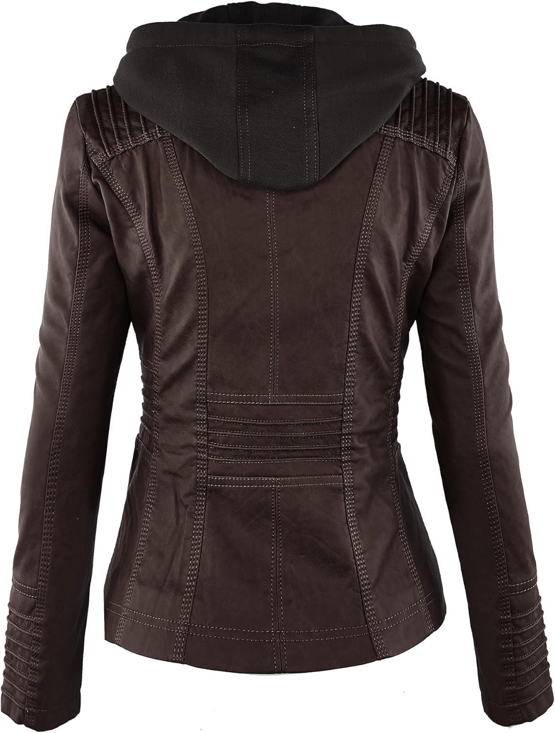 imageMade By Johnny Faux Leather Jacket Women Motorcycle Coat for Biker with Removable HoodWjc663coffeeAshbrown