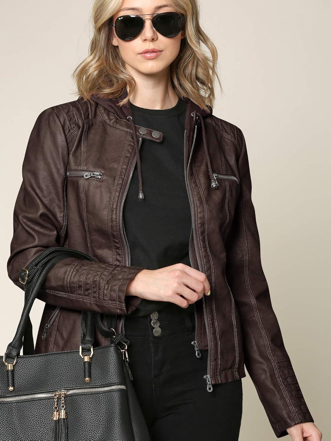 imageMade By Johnny Faux Leather Jacket Women Motorcycle Coat for Biker with Removable HoodWjc663coffeeAshbrown