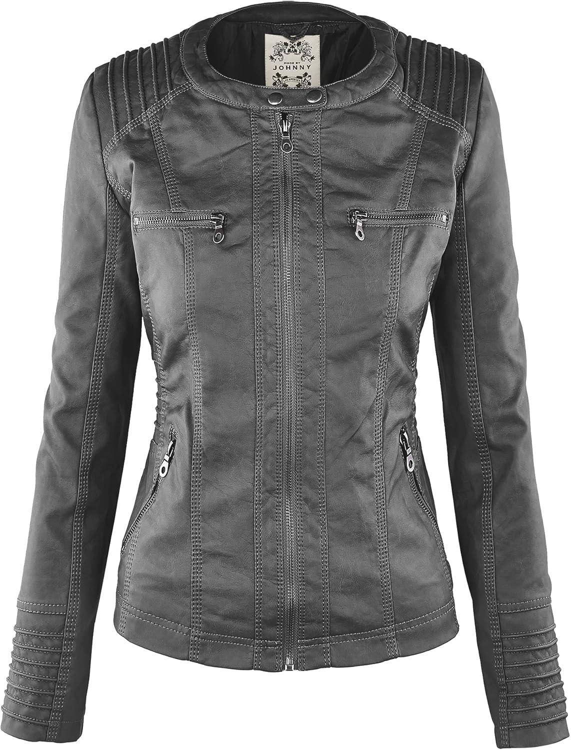 imageMade By Johnny Faux Leather Jacket Women Motorcycle Coat for Biker with Removable HoodWjc663grey