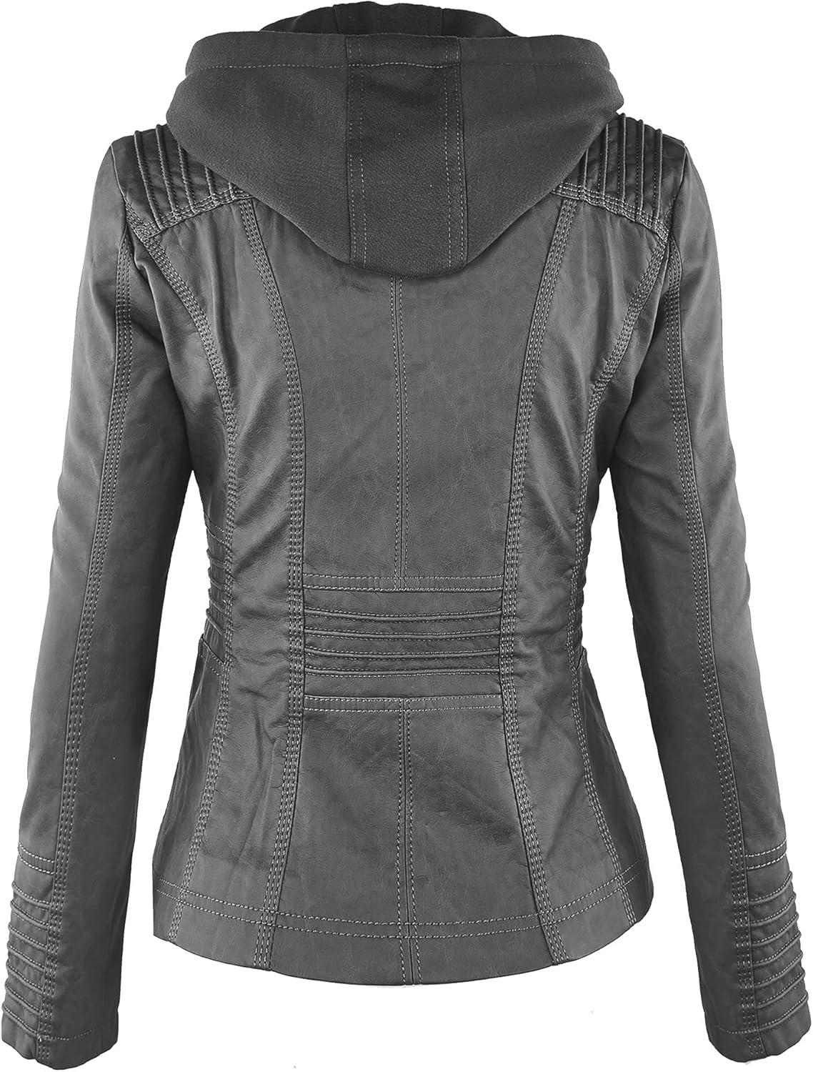 imageMade By Johnny Faux Leather Jacket Women Motorcycle Coat for Biker with Removable HoodWjc663grey