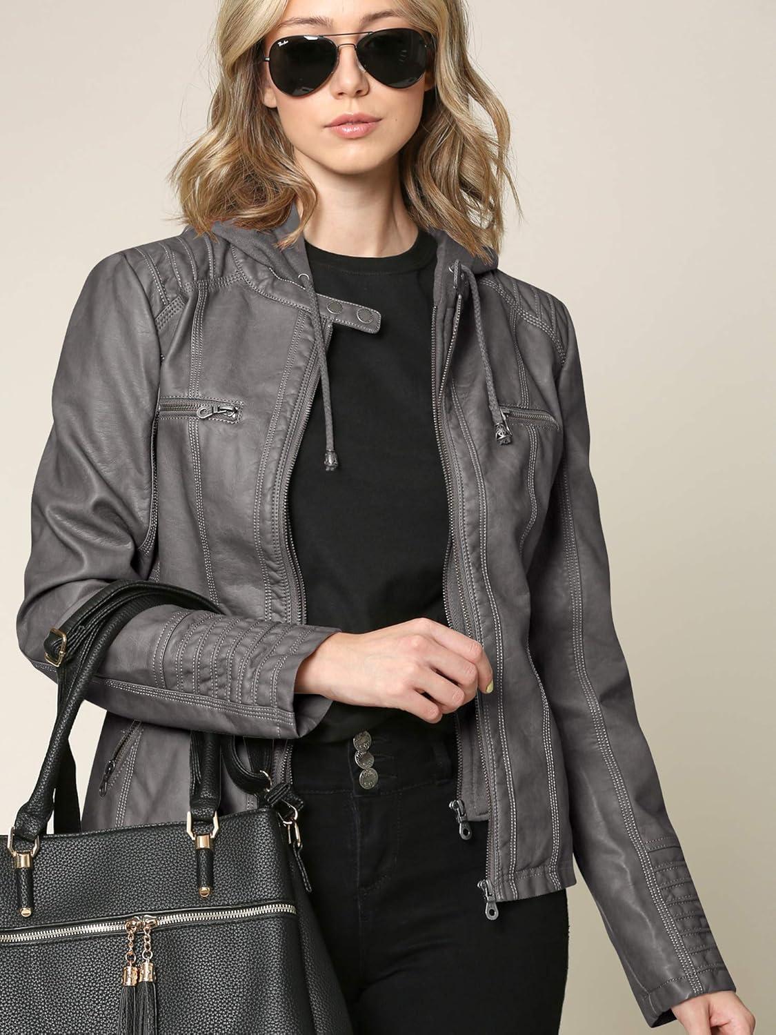 imageMade By Johnny Faux Leather Jacket Women Motorcycle Coat for Biker with Removable HoodWjc663grey