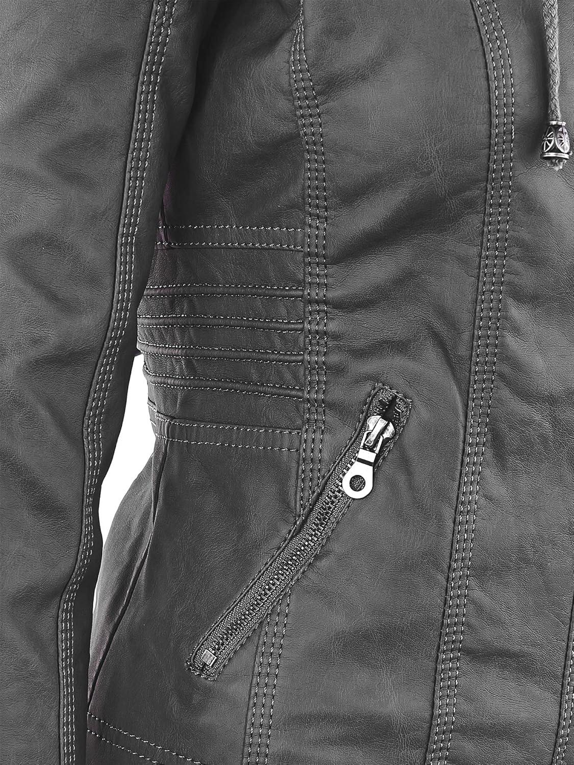 imageMade By Johnny Faux Leather Jacket Women Motorcycle Coat for Biker with Removable HoodWjc663grey