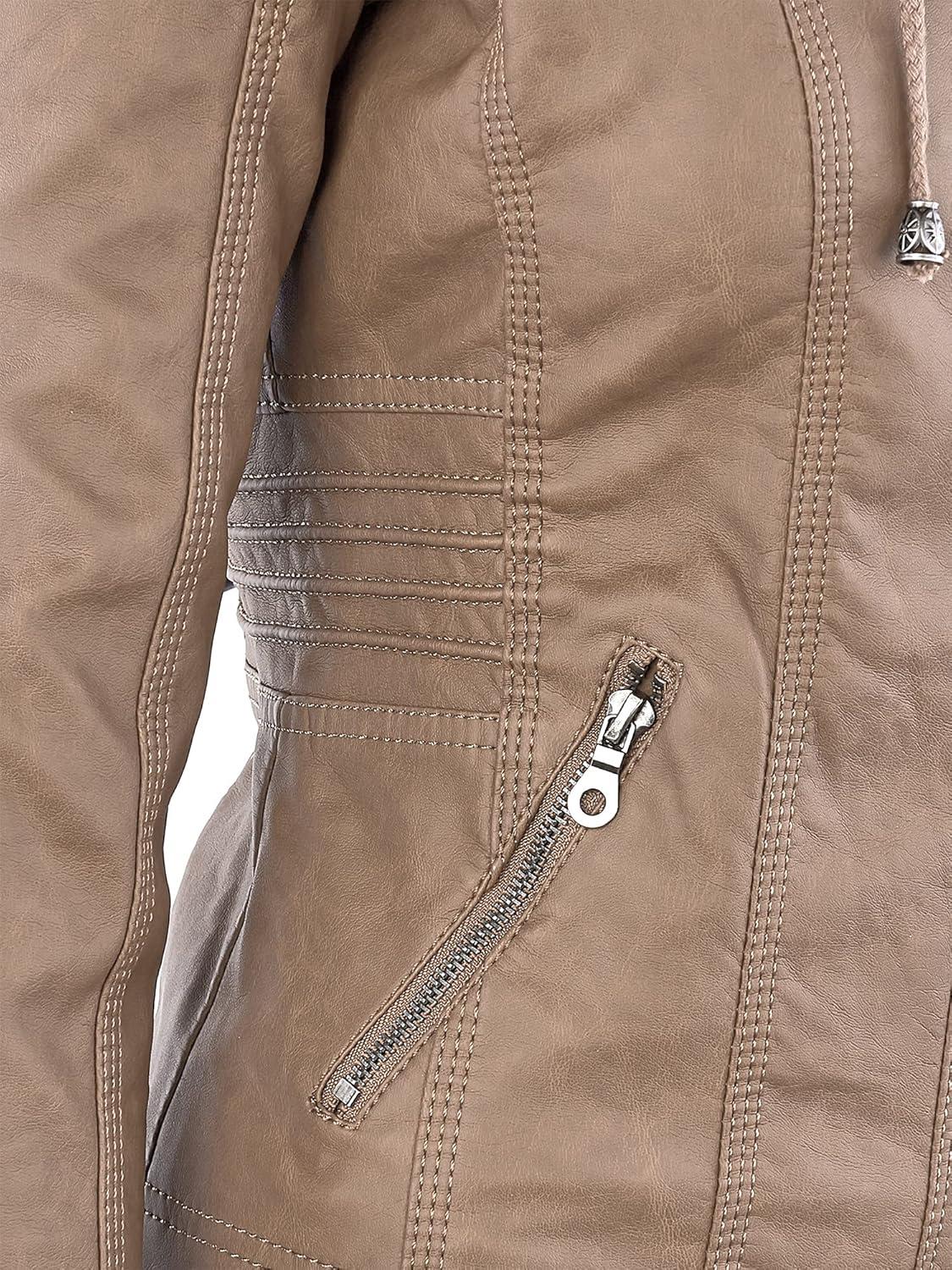 imageMade By Johnny Faux Leather Jacket Women Motorcycle Coat for Biker with Removable HoodWjc663khaki