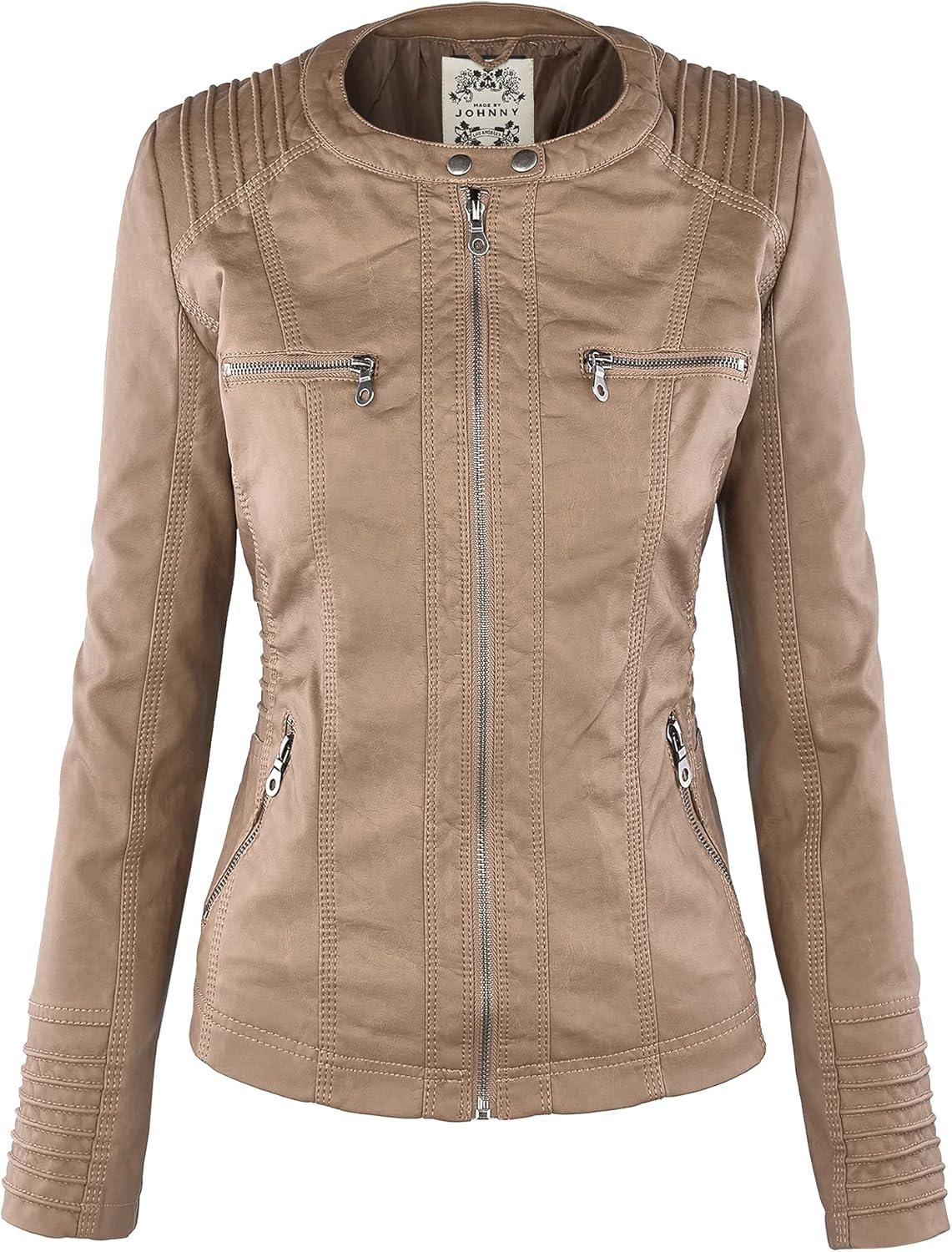 imageMade By Johnny Faux Leather Jacket Women Motorcycle Coat for Biker with Removable HoodWjc663khaki