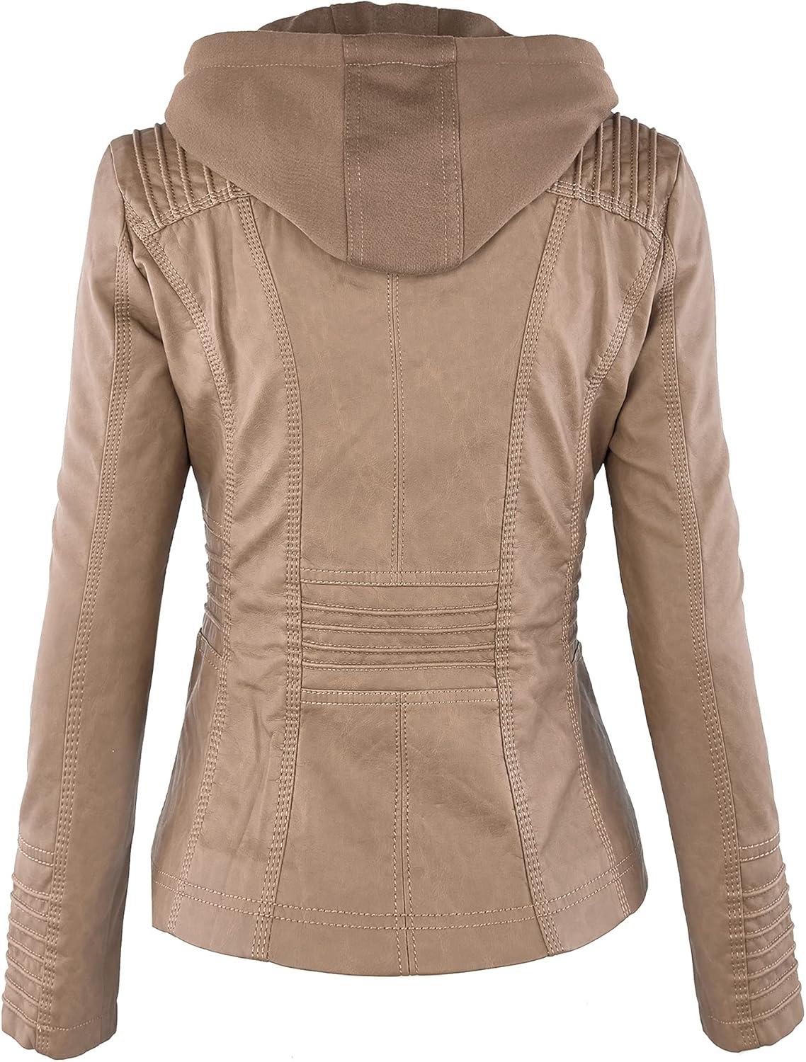 imageMade By Johnny Faux Leather Jacket Women Motorcycle Coat for Biker with Removable HoodWjc663khaki