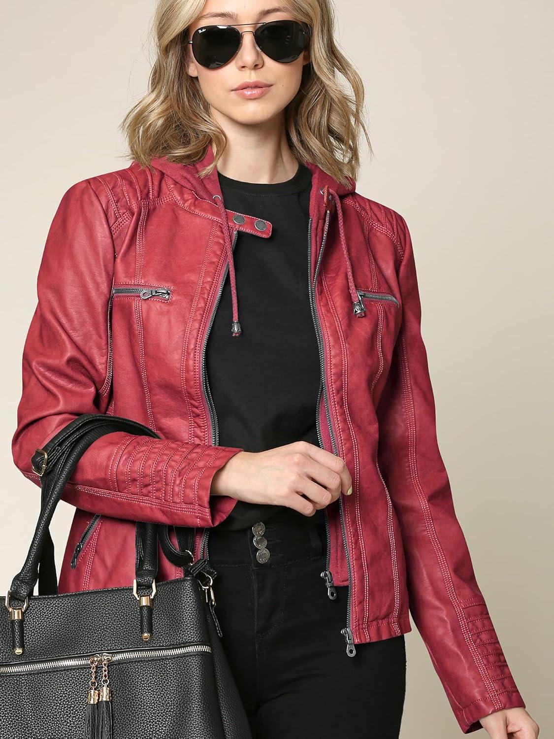 imageMade By Johnny Faux Leather Jacket Women Motorcycle Coat for Biker with Removable HoodWjc663red
