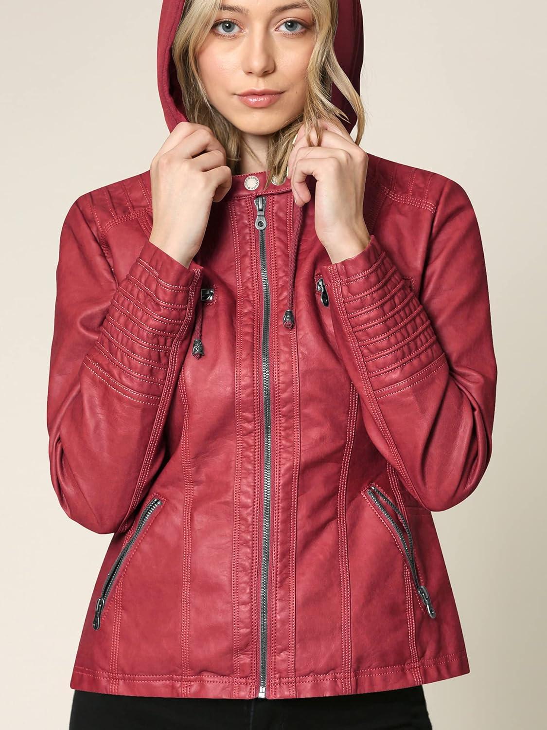 imageMade By Johnny Faux Leather Jacket Women Motorcycle Coat for Biker with Removable HoodWjc663red