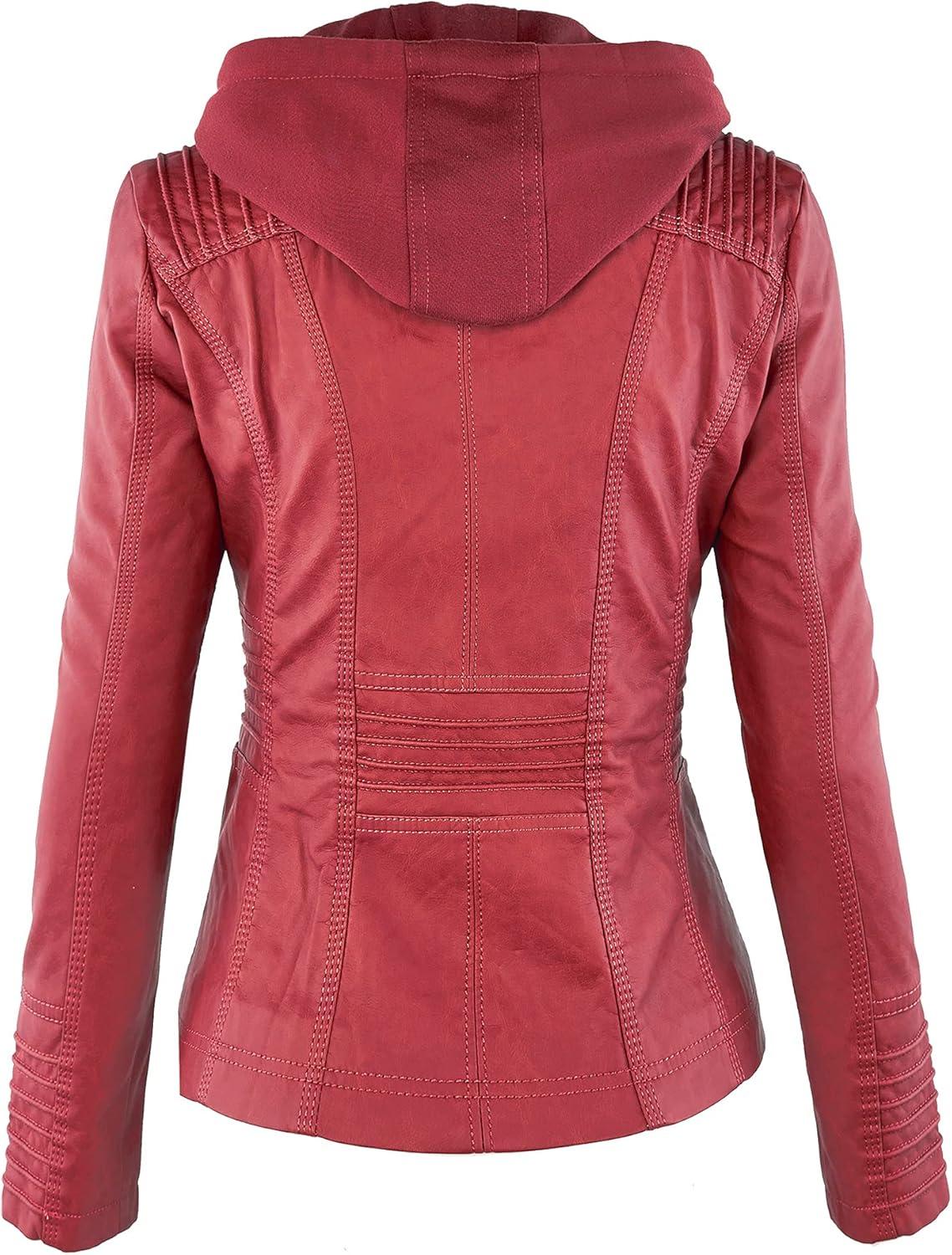 imageMade By Johnny Faux Leather Jacket Women Motorcycle Coat for Biker with Removable HoodWjc663red