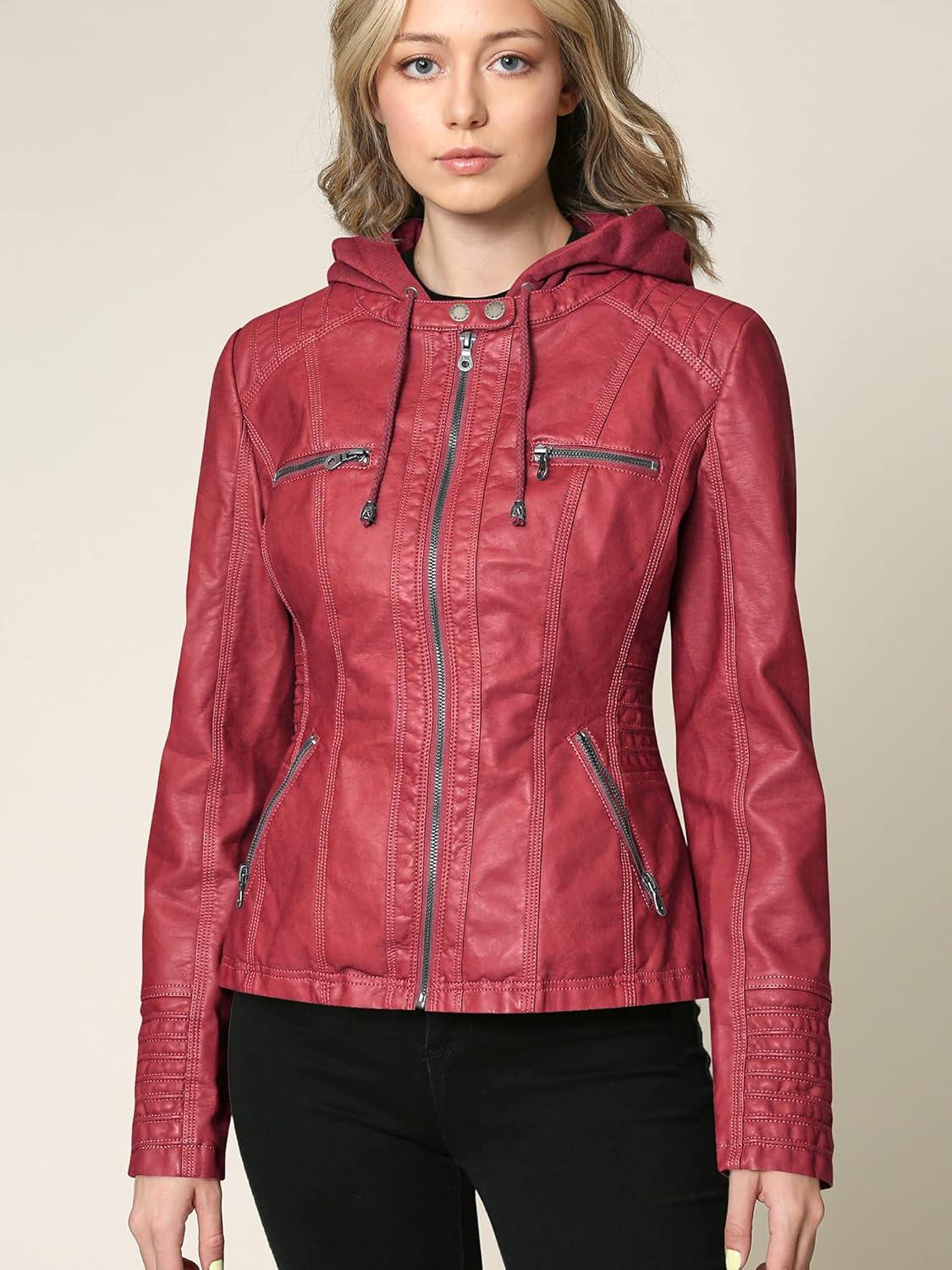 imageMade By Johnny Faux Leather Jacket Women Motorcycle Coat for Biker with Removable HoodWjc663red