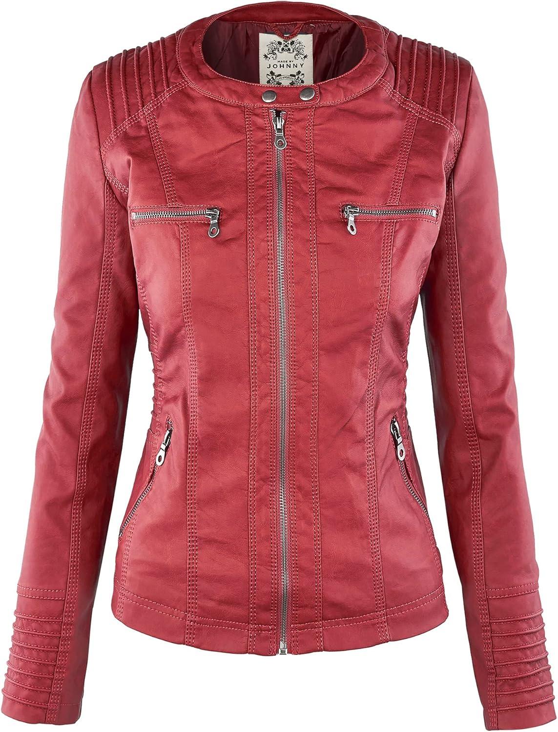 imageMade By Johnny Faux Leather Jacket Women Motorcycle Coat for Biker with Removable HoodWjc663red