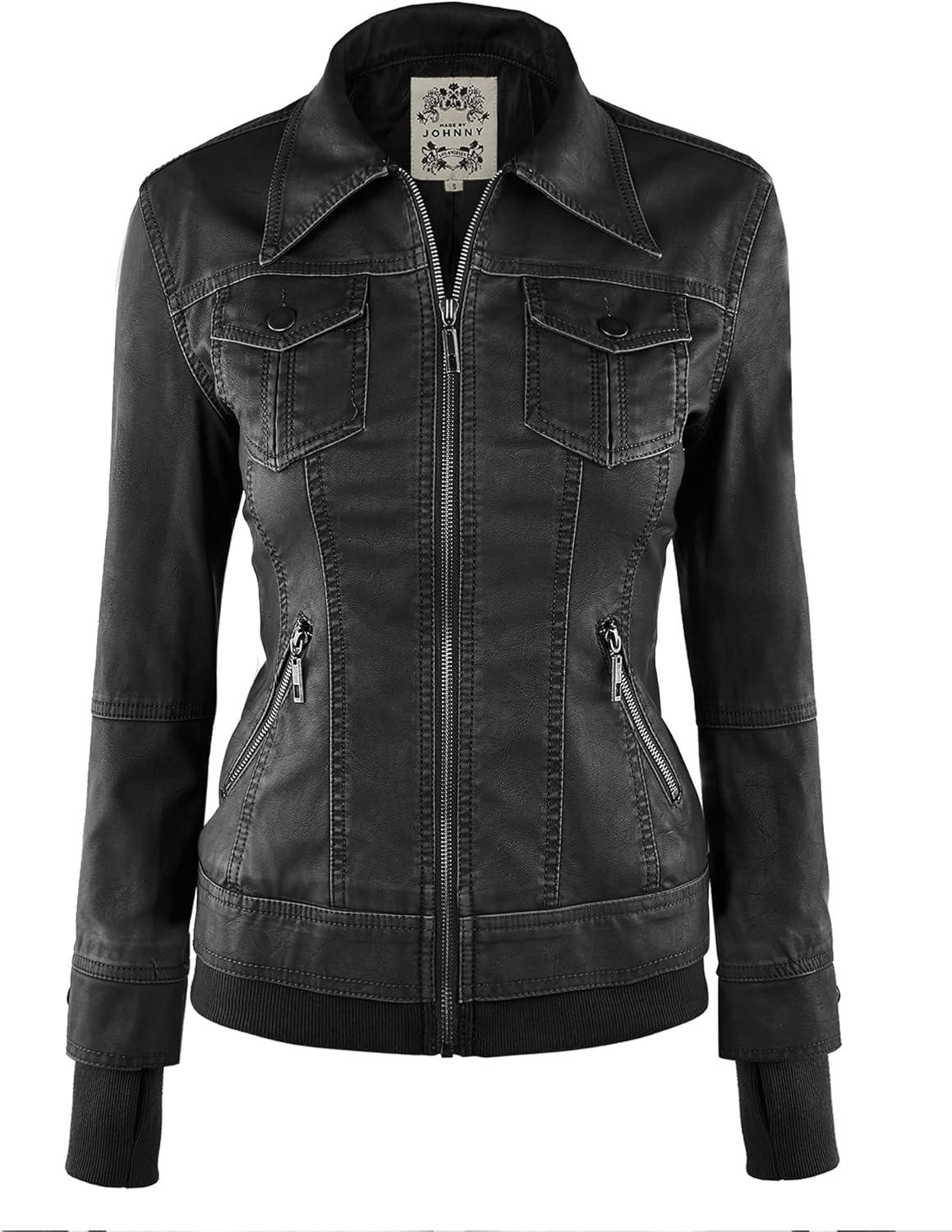 imageMade By Johnny Faux Leather Jacket Women Motorcycle Coat for Biker with Removable HoodWjc664blackCharcoal