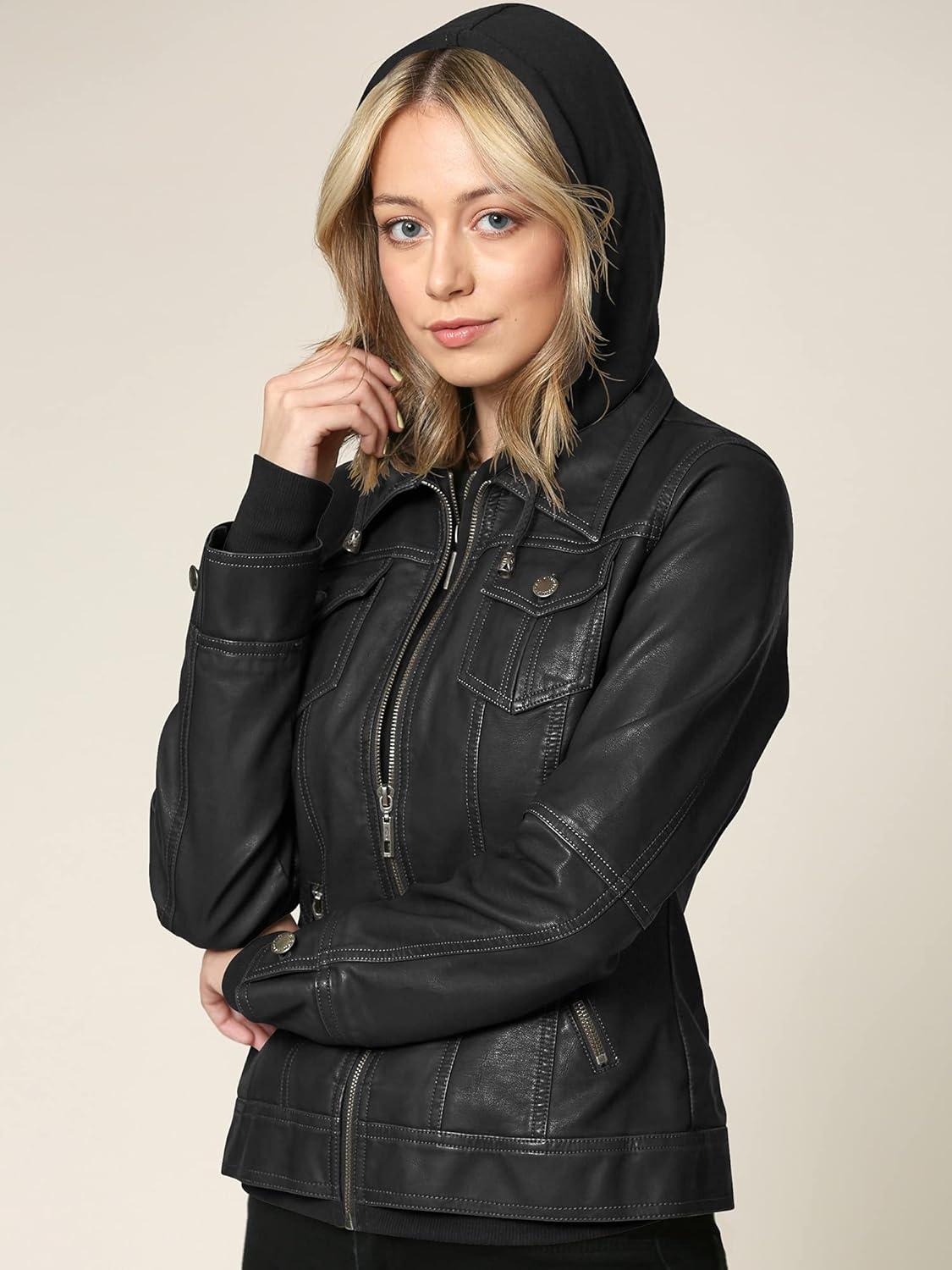 imageMade By Johnny Faux Leather Jacket Women Motorcycle Coat for Biker with Removable HoodWjc664blackCharcoal