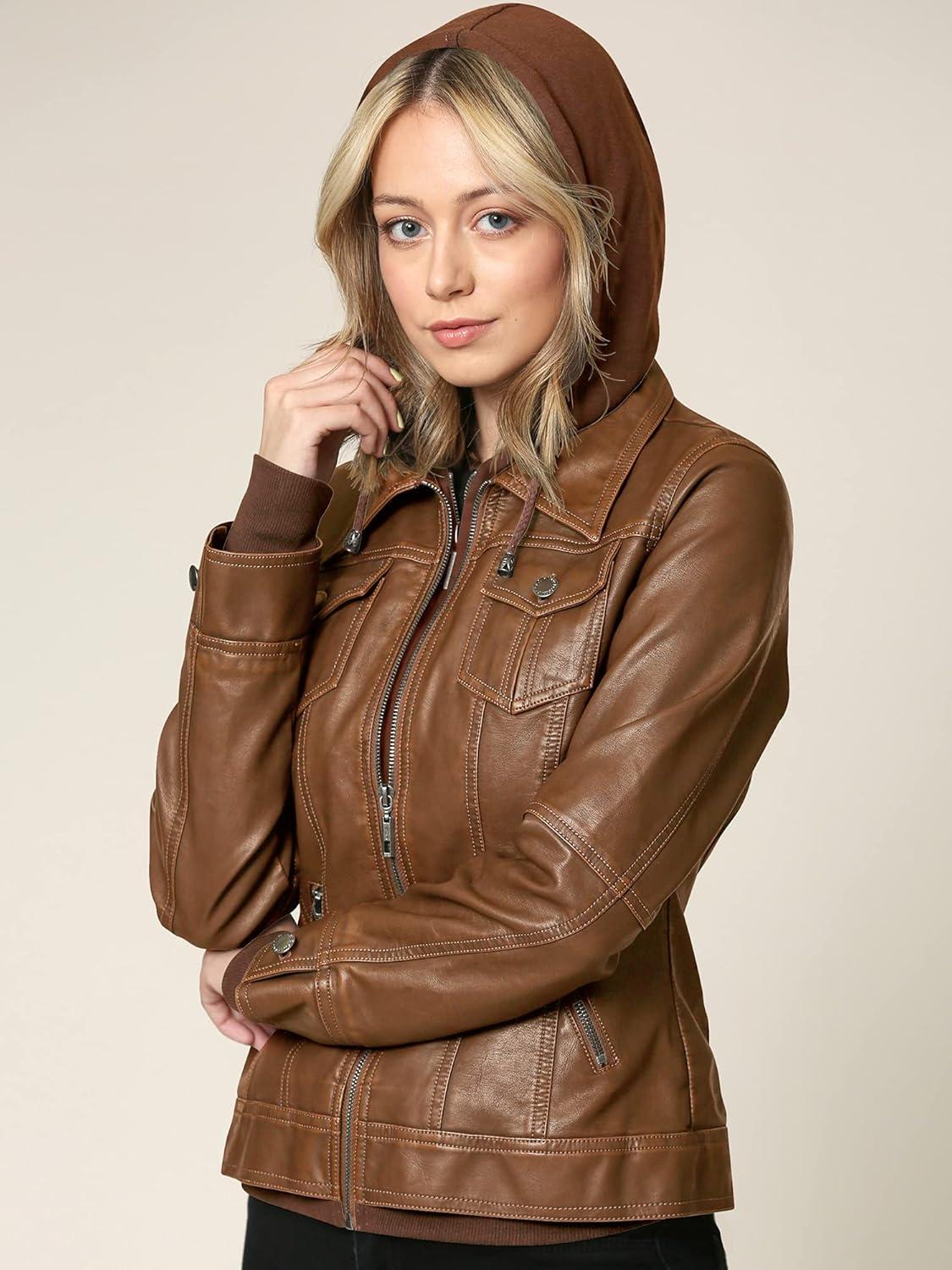 imageMade By Johnny Faux Leather Jacket Women Motorcycle Coat for Biker with Removable HoodWjc664camel