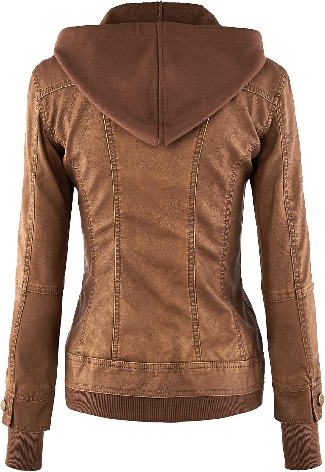 imageMade By Johnny Faux Leather Jacket Women Motorcycle Coat for Biker with Removable HoodWjc664camel