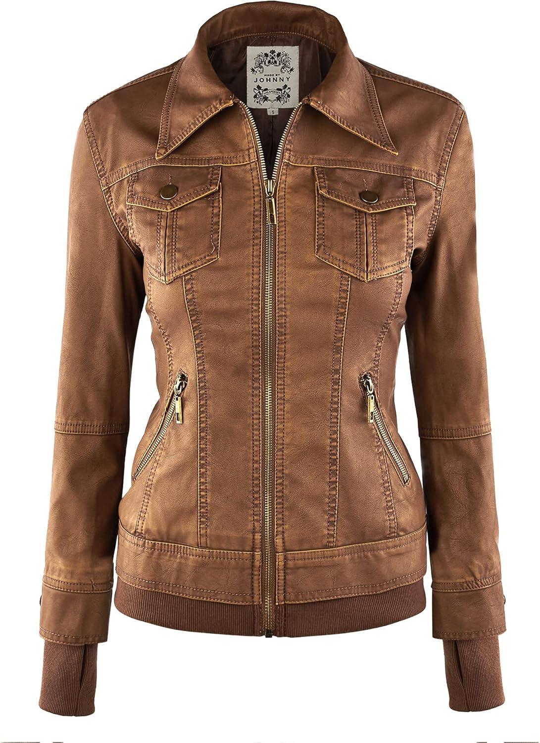 imageMade By Johnny Faux Leather Jacket Women Motorcycle Coat for Biker with Removable HoodWjc664camel