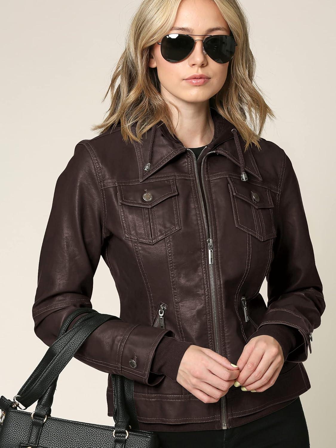 imageMade By Johnny Faux Leather Jacket Women Motorcycle Coat for Biker with Removable HoodWjc664coffeeAshbrown
