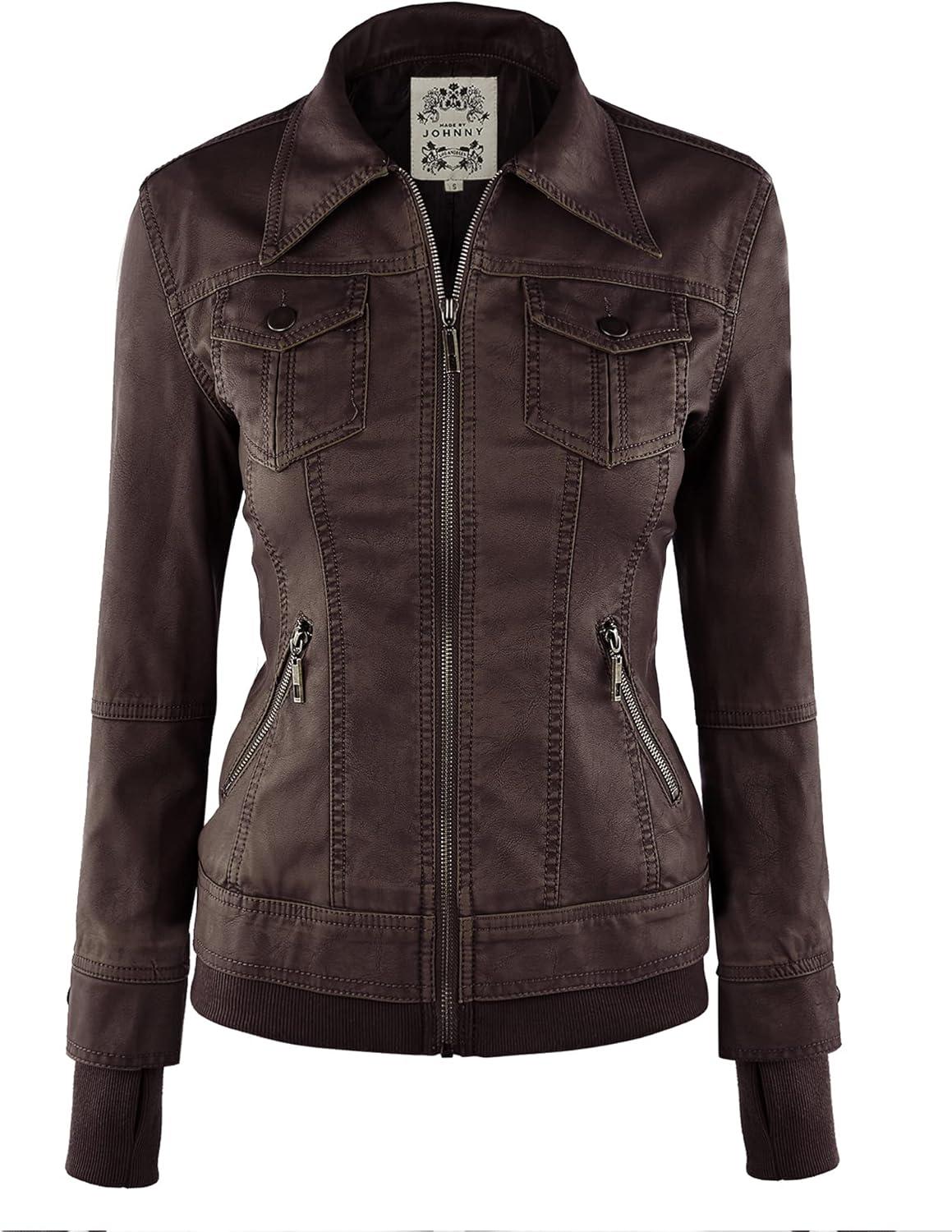 imageMade By Johnny Faux Leather Jacket Women Motorcycle Coat for Biker with Removable HoodWjc664coffeeAshbrown