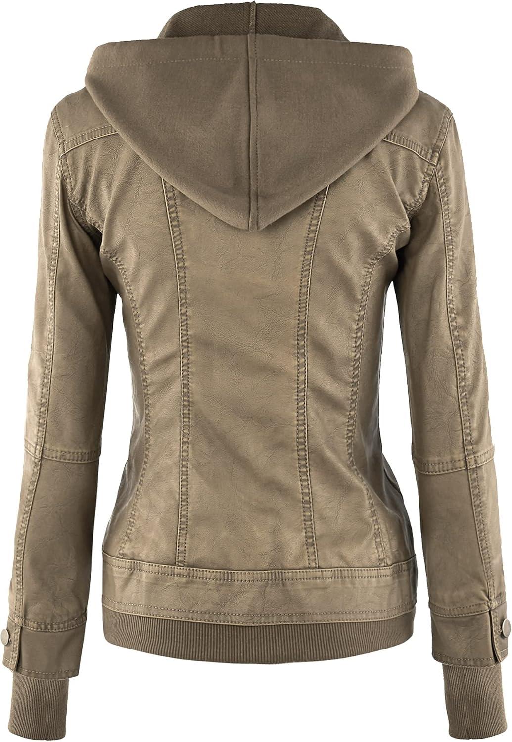 imageMade By Johnny Faux Leather Jacket Women Motorcycle Coat for Biker with Removable HoodWjc664khaki