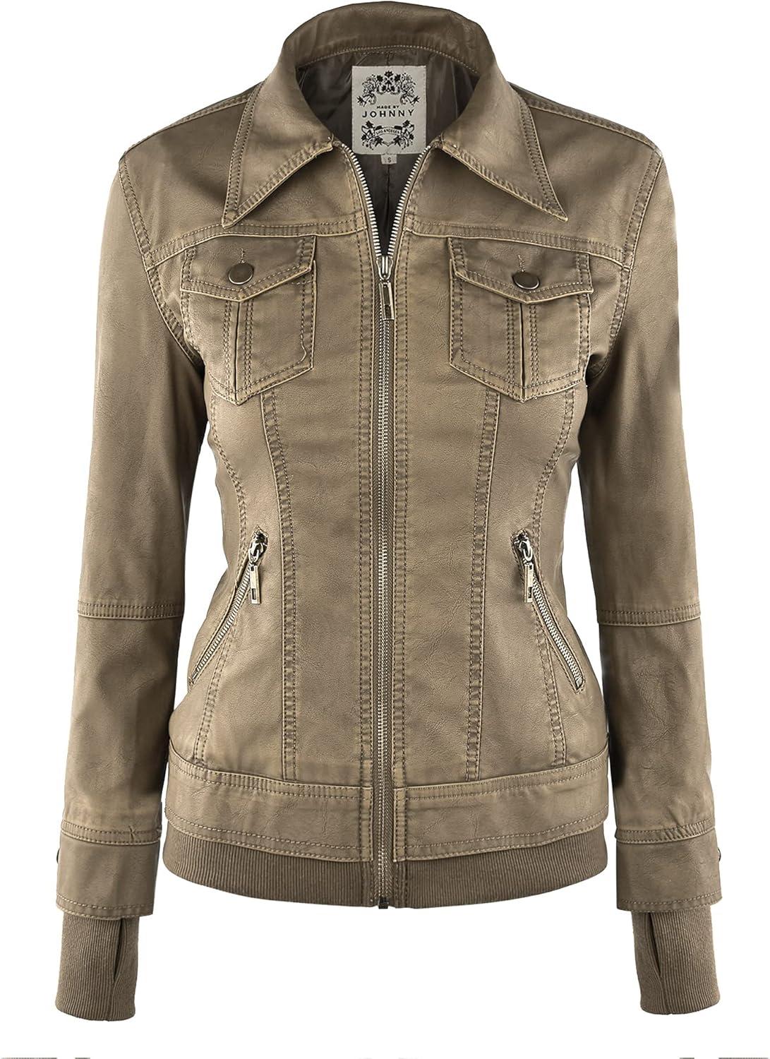 imageMade By Johnny Faux Leather Jacket Women Motorcycle Coat for Biker with Removable HoodWjc664khaki