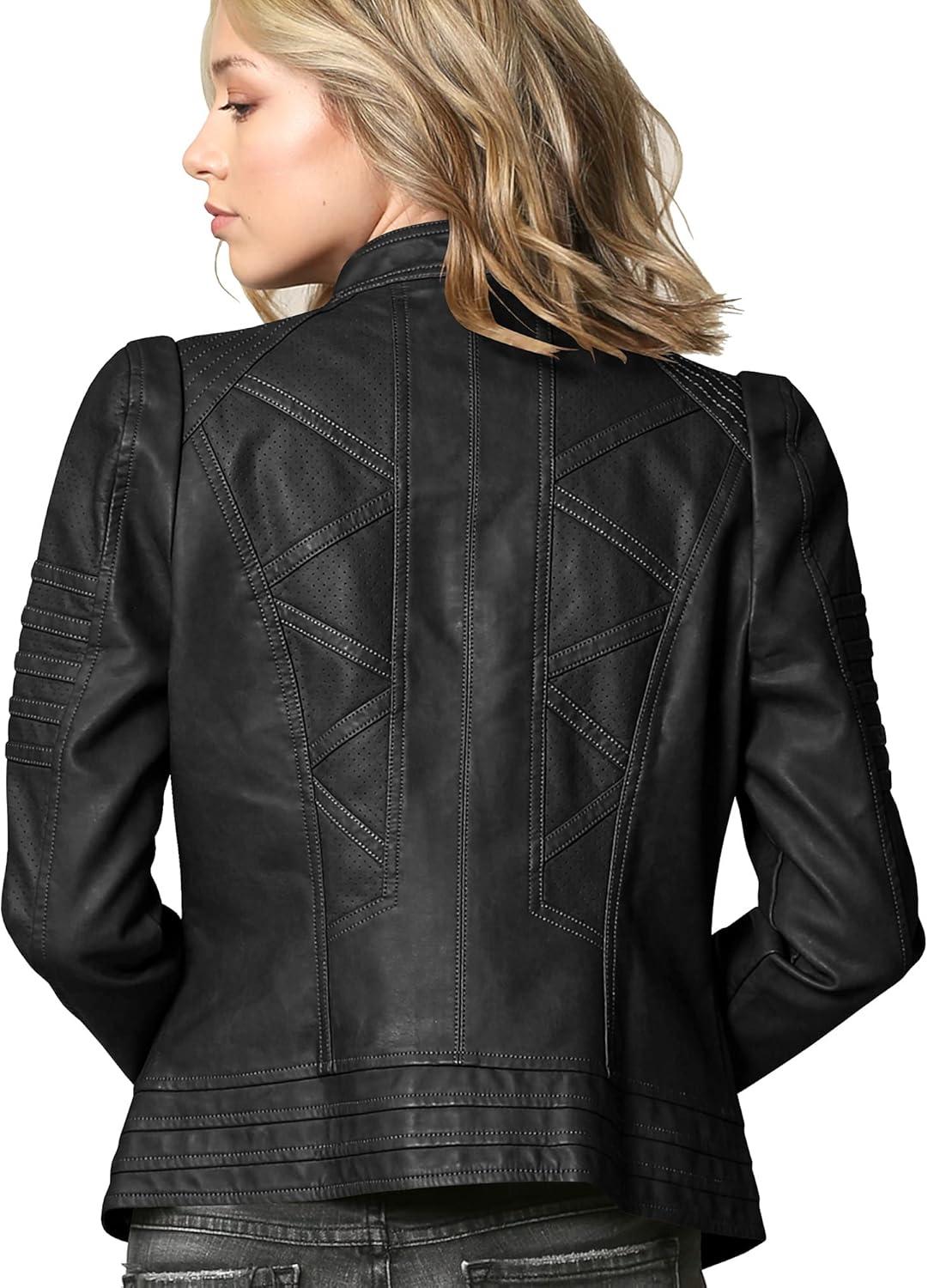 imageMade By Johnny MBJ Womens Faux Leather Zip Up Moto Biker Jacket with Stitching Detail