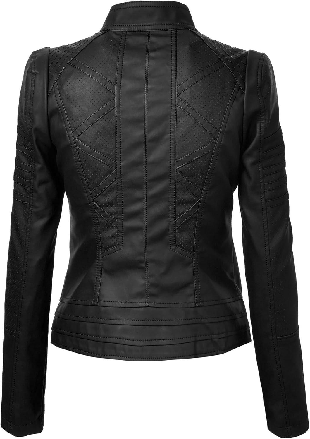 imageMade By Johnny MBJ Womens Faux Leather Zip Up Moto Biker Jacket with Stitching Detail
