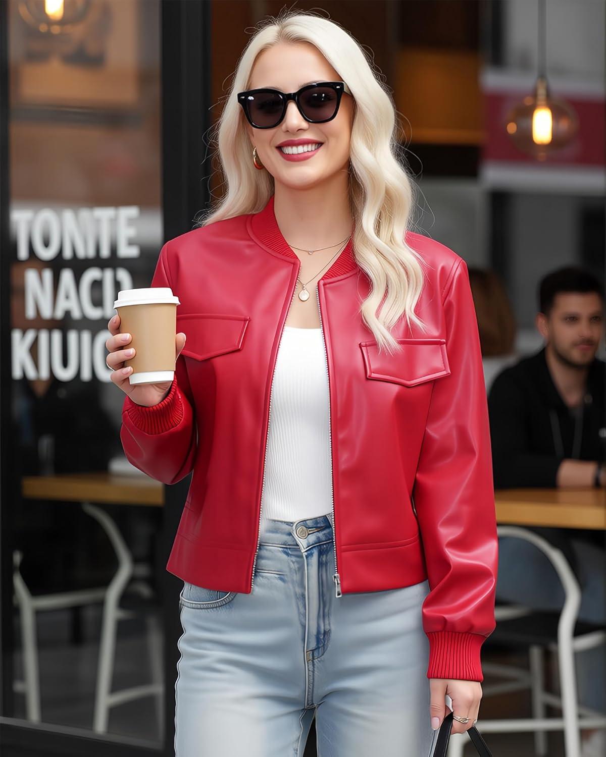 imageOmmiivex Women Leather Jacket Faux Cropped Bomber Coat Cute Short for Casual Vacation Travel College Going Out Classy OutfitBright Red